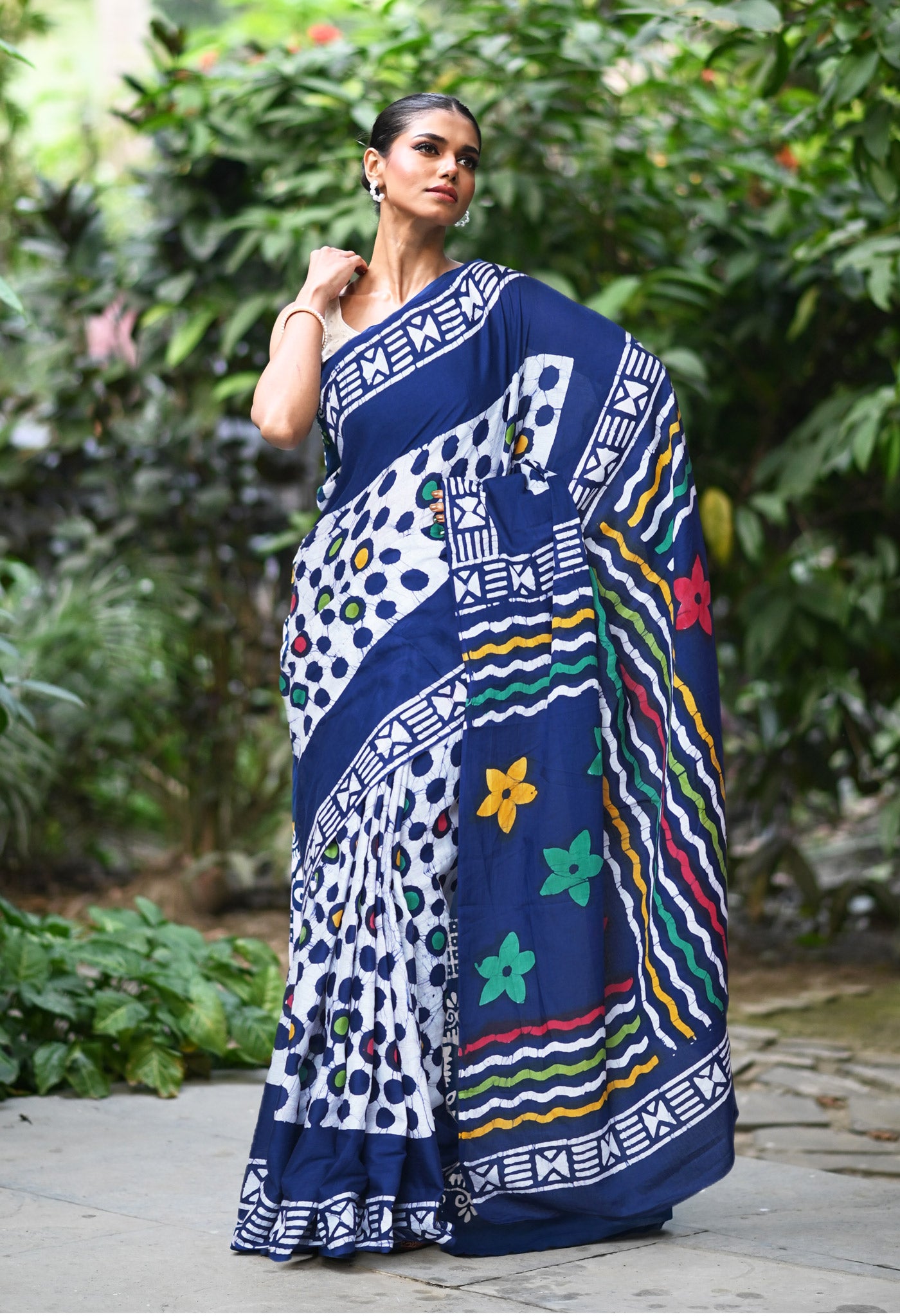 Navy Blue Pure  Wax Batik Printed Soft Cotton Saree-UNM80565