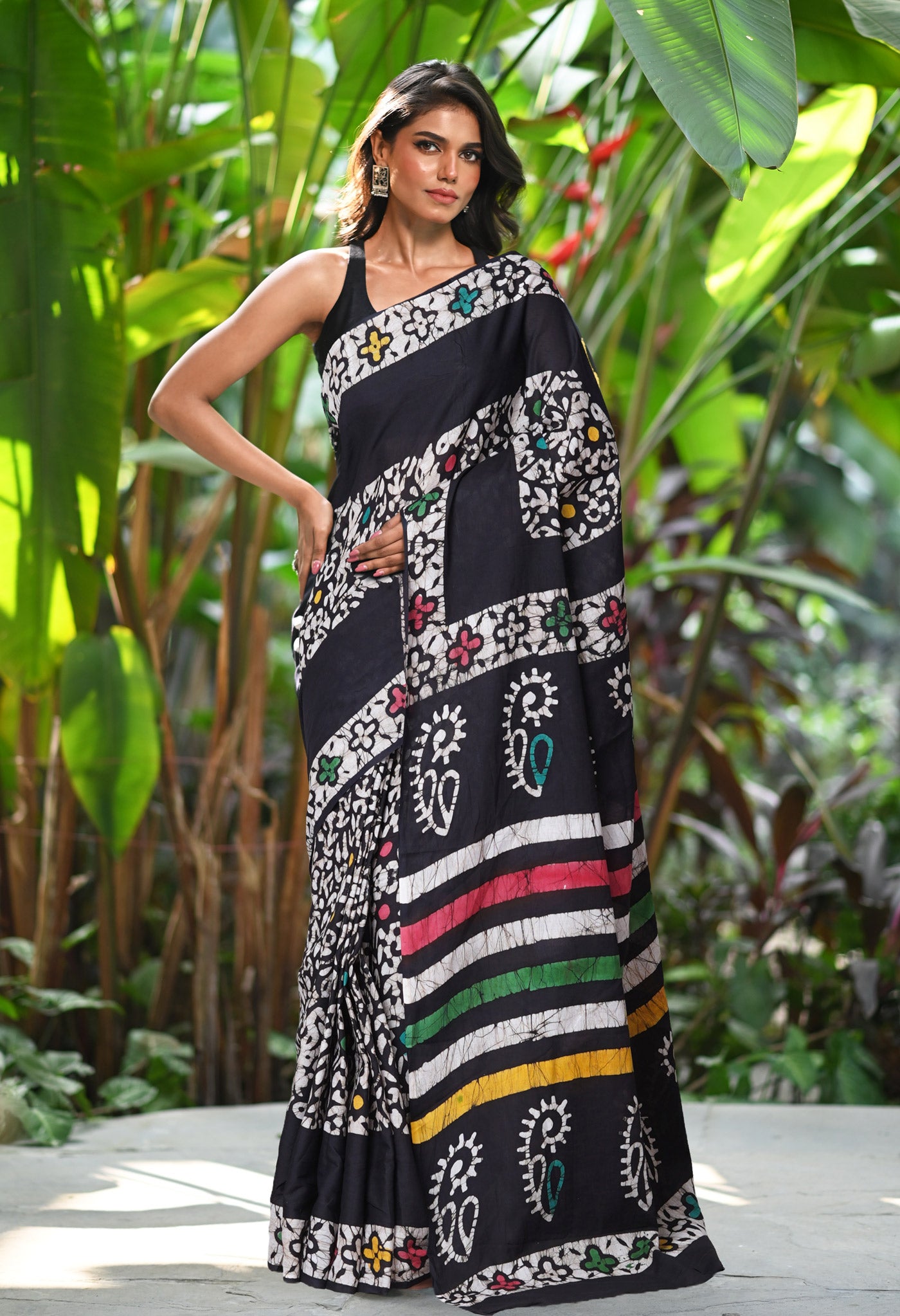 Black Pure  Wax Batik Printed Soft Cotton Saree-UNM80567