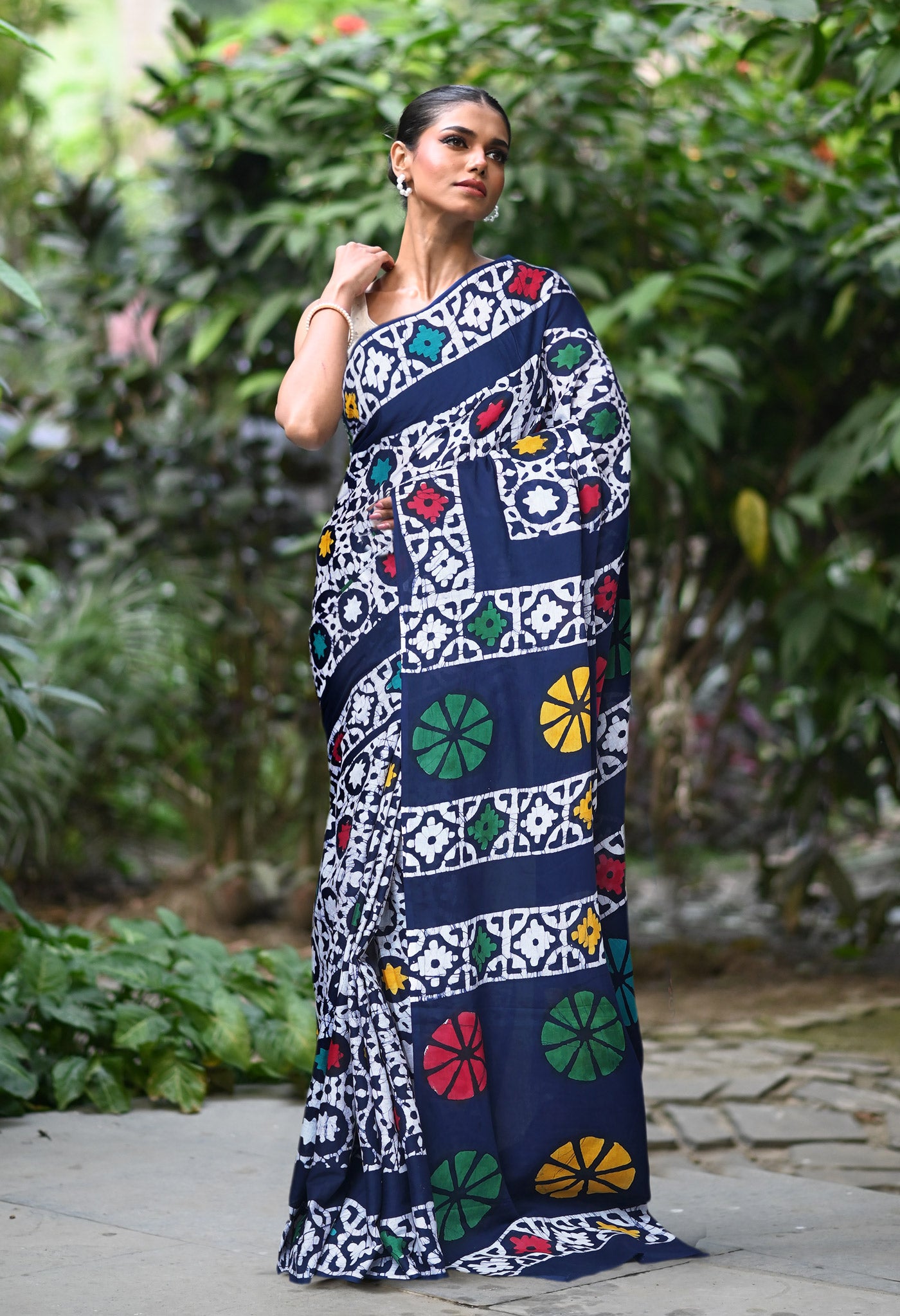 Navy Blue Pure  Wax Batik Printed Soft Cotton Saree-UNM80568