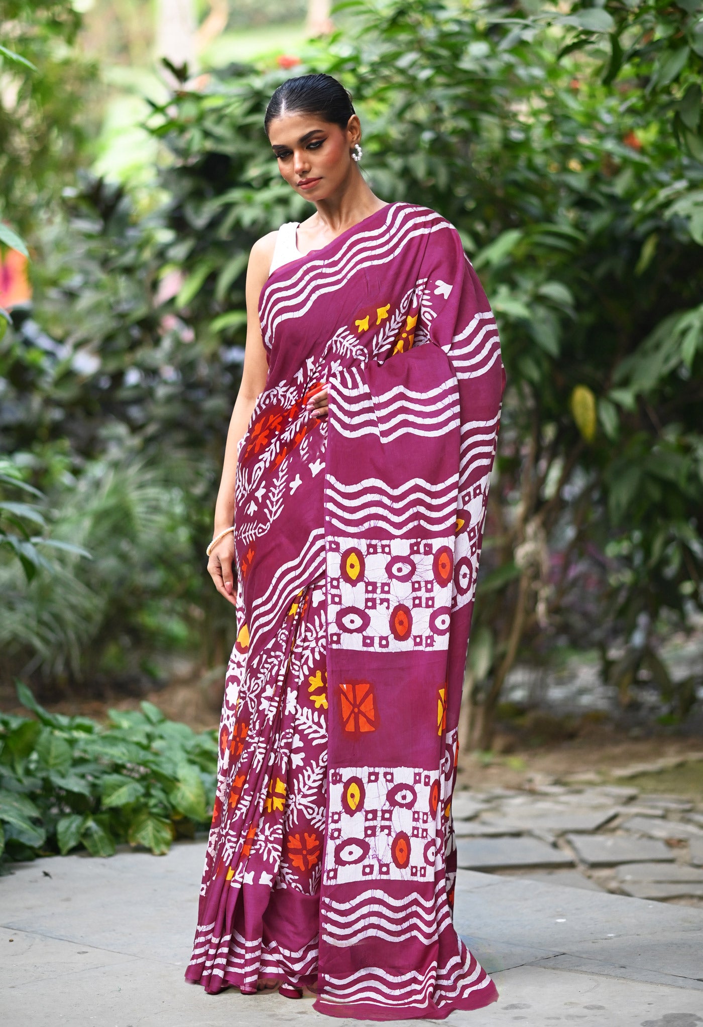 Maroon Pure  Wax Batik Printed Soft Cotton Saree-UNM80570
