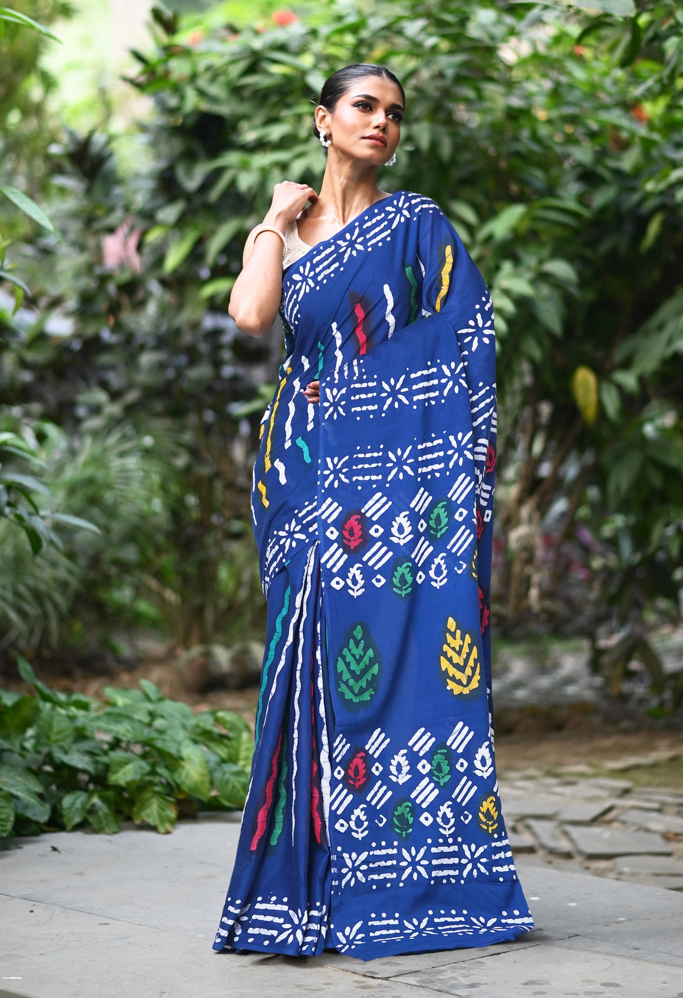 Navy Blue Pure  Wax Batik Printed Soft Cotton Saree-UNM80574