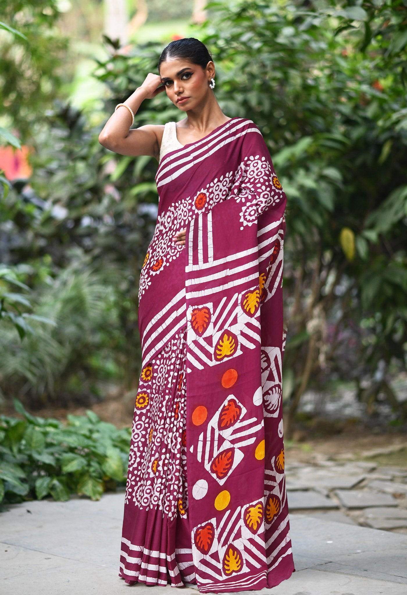 Maroon Pure  Wax Batik Printed Soft Cotton Saree-UNM80576