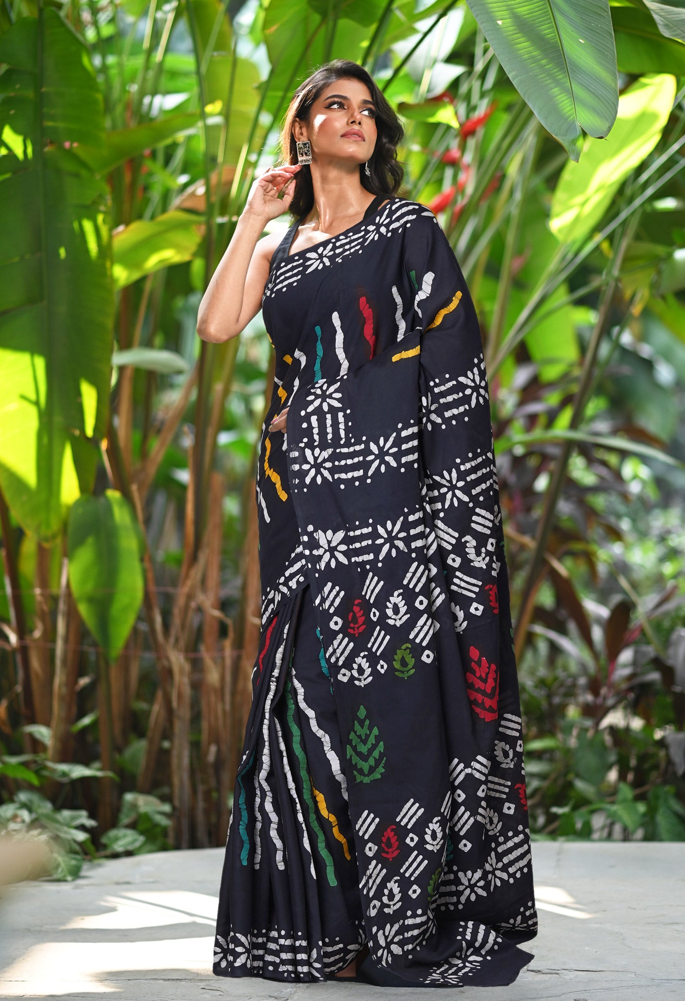 Black Pure  Wax Batik Printed Soft Cotton Saree-UNM80580