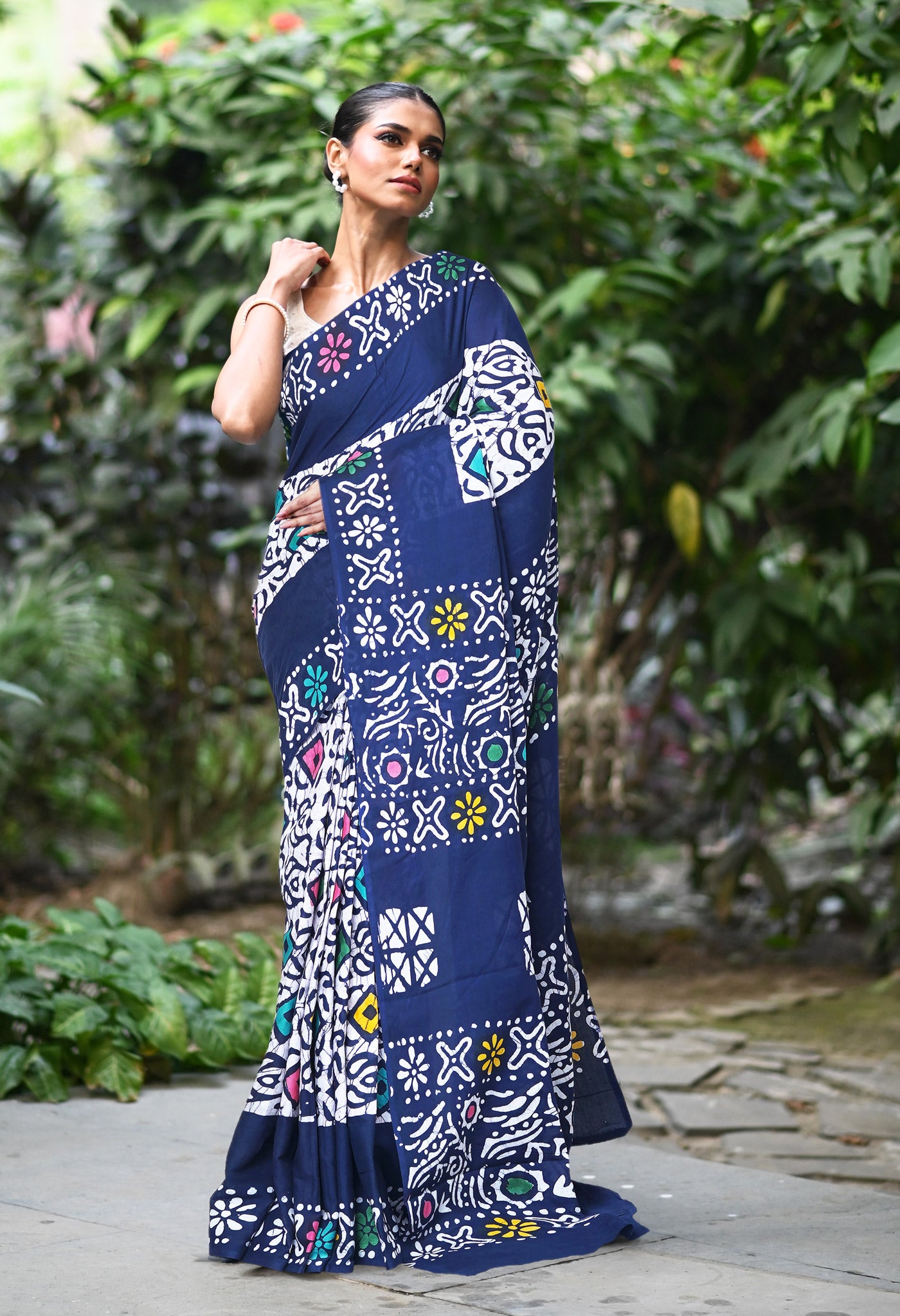 Navy Blue Pure  Wax Batik Printed Soft Cotton Saree-UNM80583