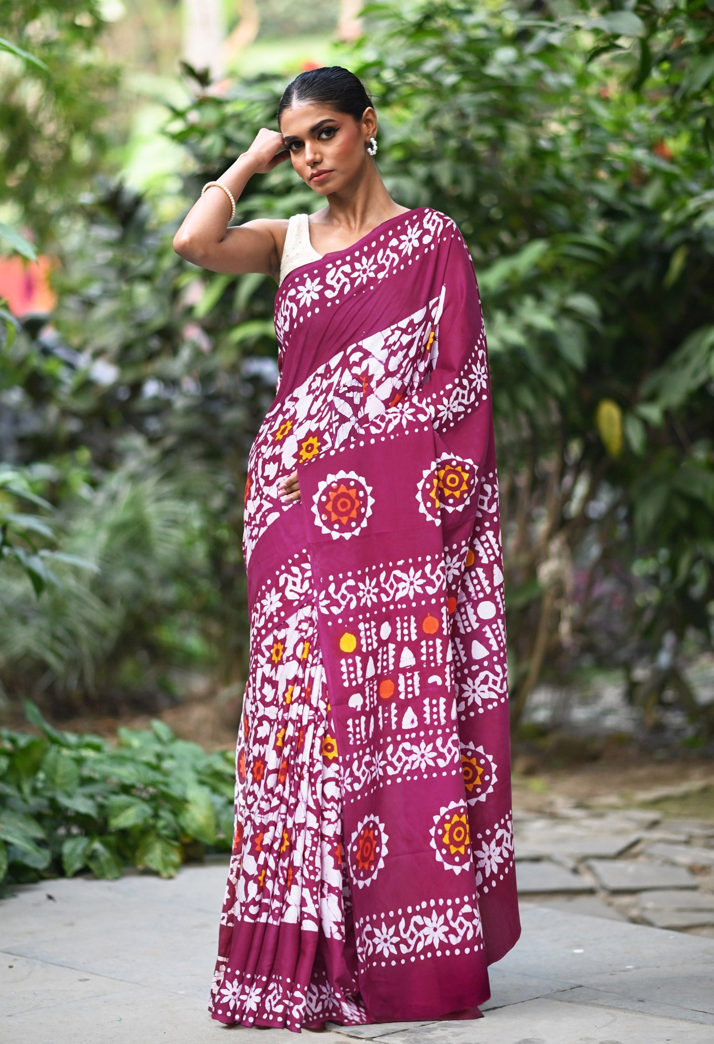 Maroon Pure  Wax Batik Printed Soft Cotton Saree-UNM80586