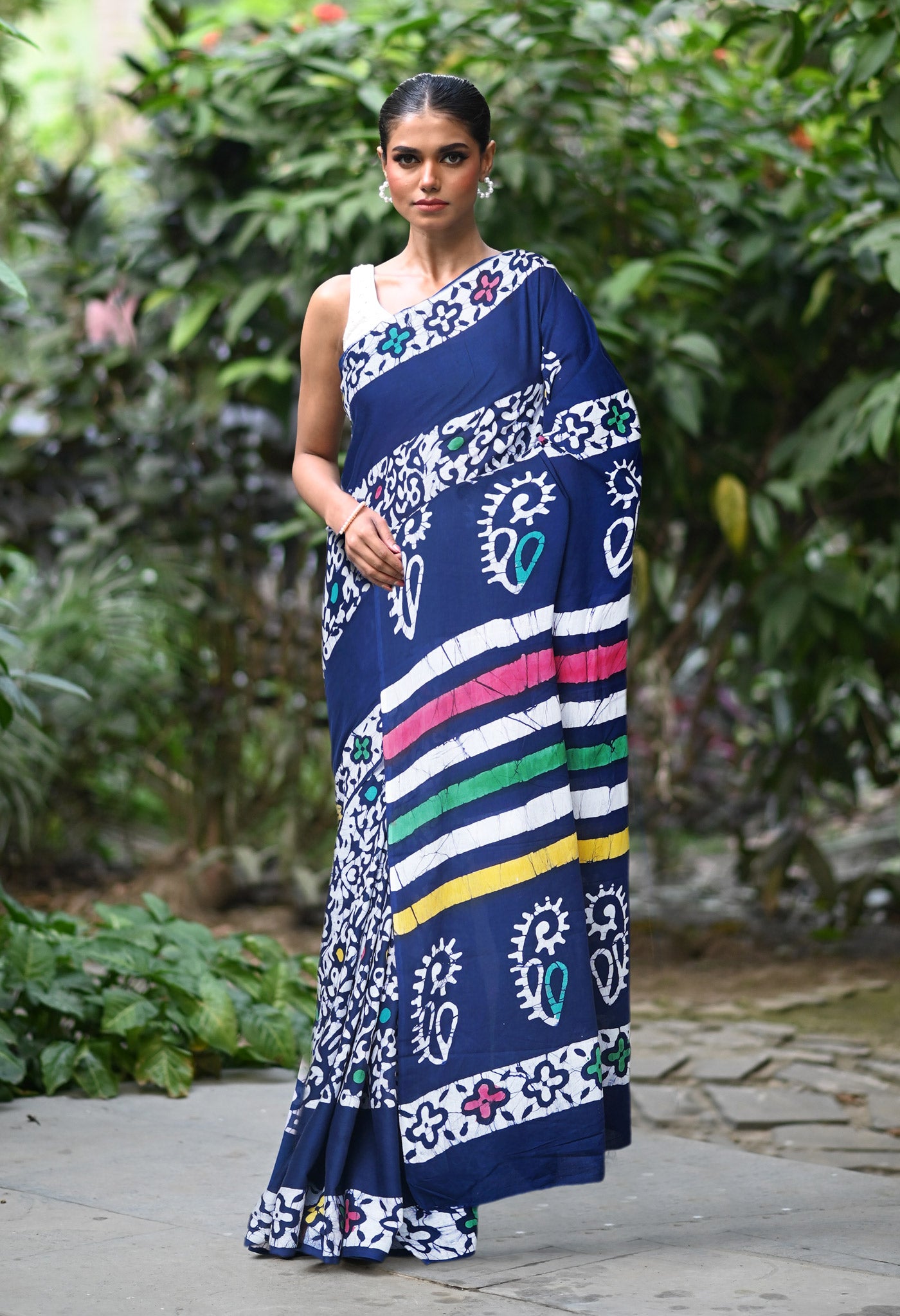 Navy Blue Pure  Wax Batik Printed Soft Cotton Saree-UNM80587
