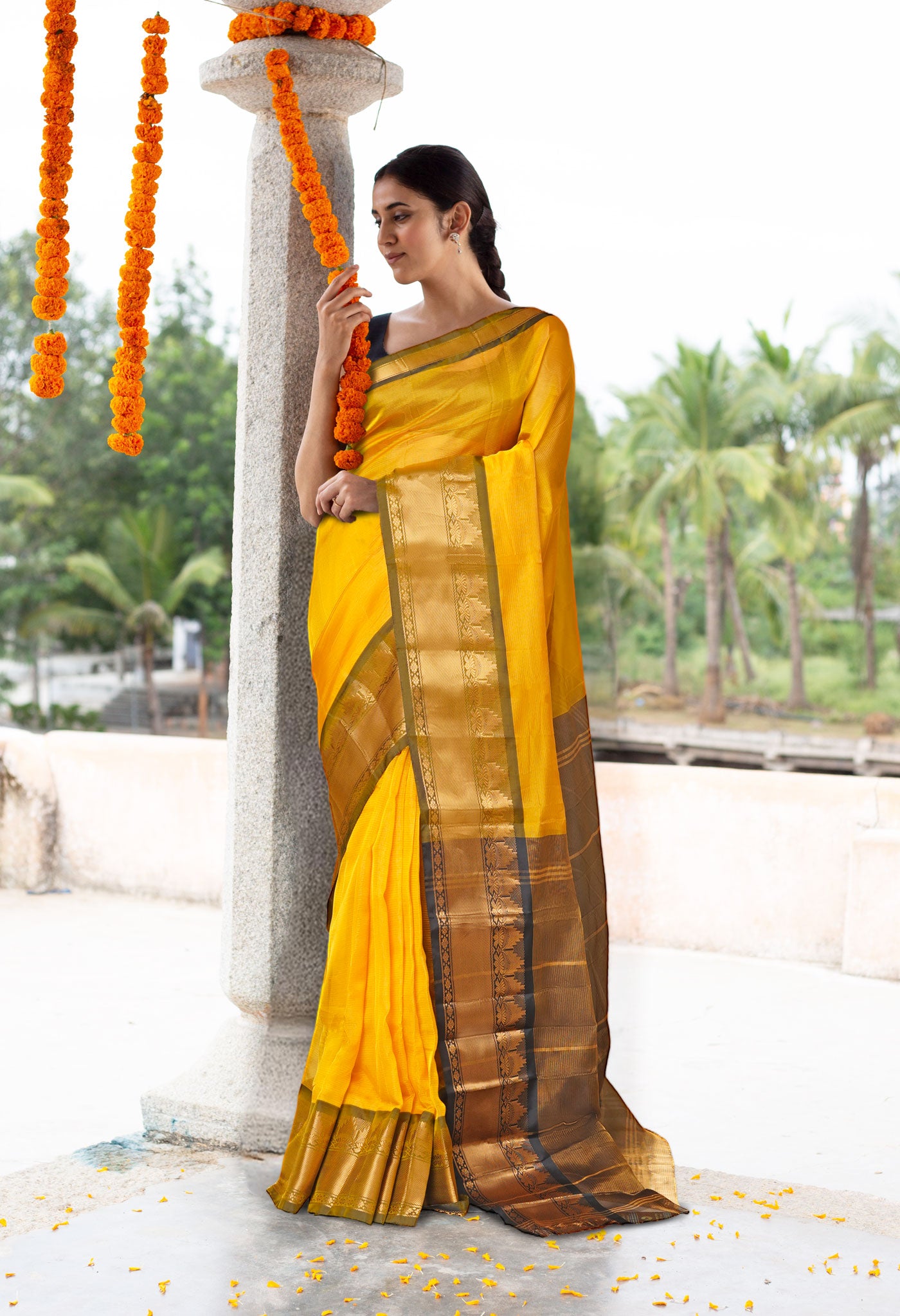Yellow-Black PureHandloom Gadwal Soft Silk Saree-UNM80743