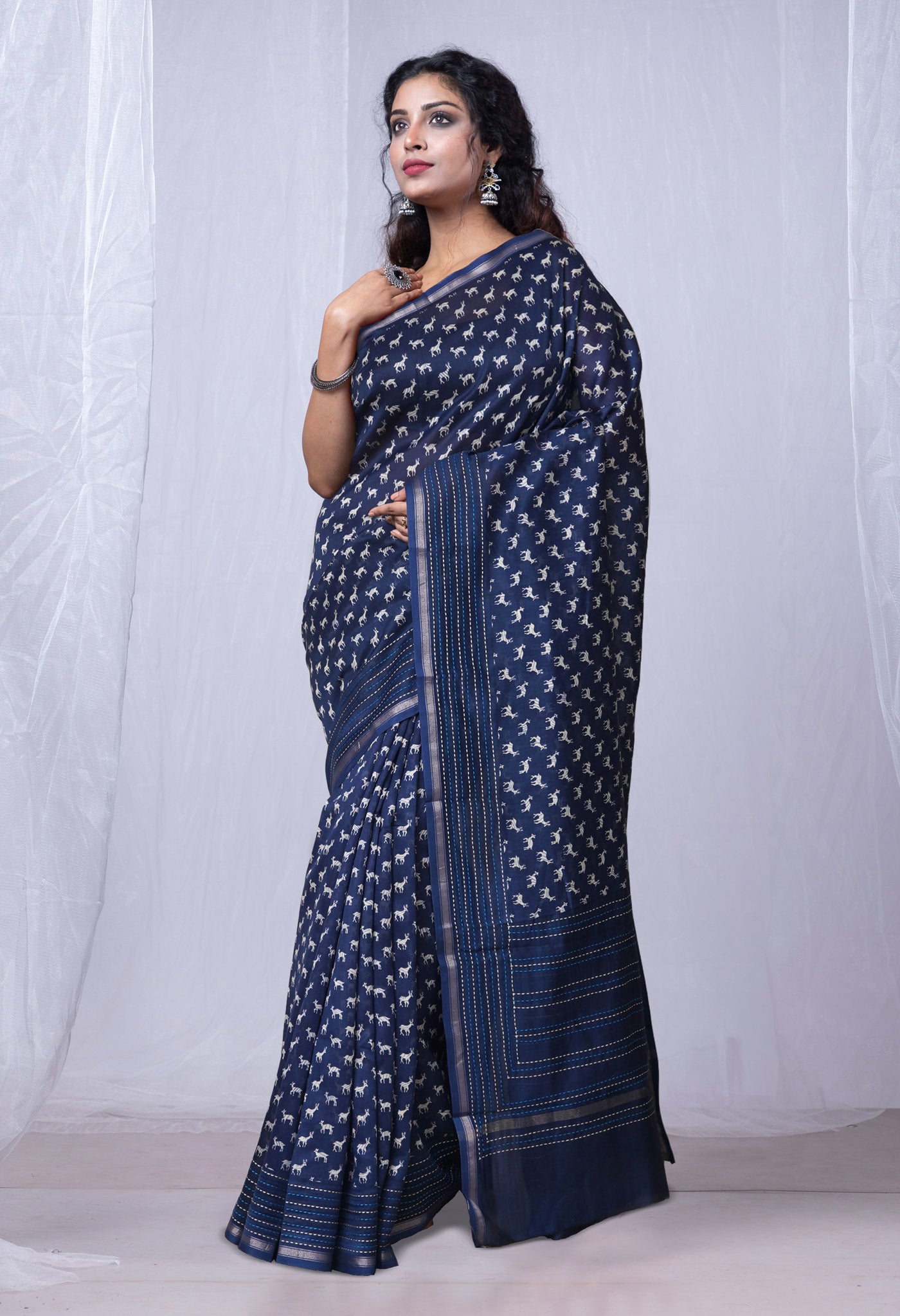 Navy Blue Pure Bagru Printed With Kantha work Chanderi Sico Saree-UNM81078
