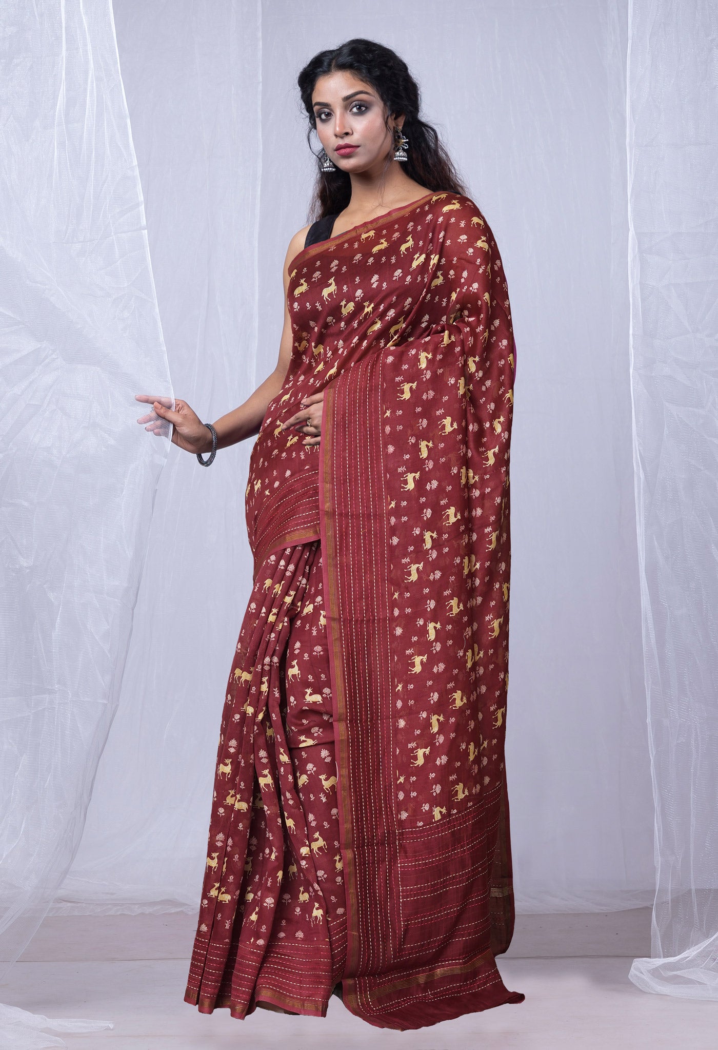 Burgundy Pure Bagru Printed With Kantha work Chanderi Sico Saree-UNM81090