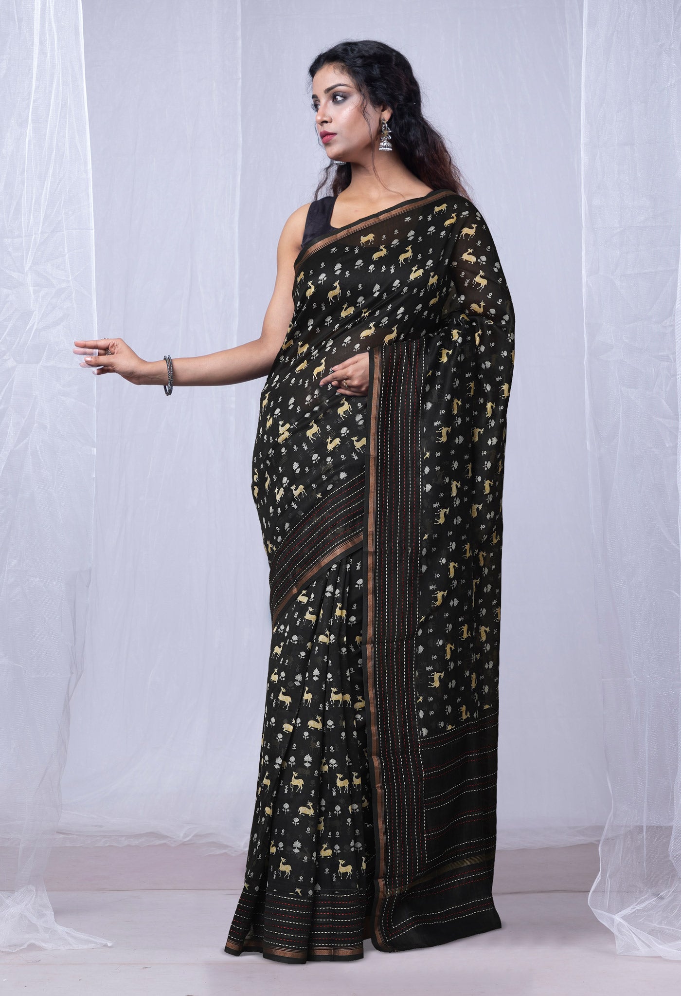 Black Pure Bagru Printed With Kantha work Chanderi Sico Saree-UNM81092