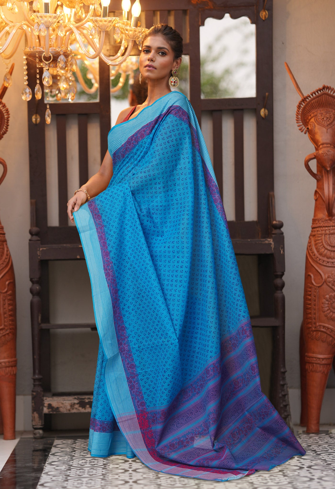 Blue Pure Hand Block Printed Mangalgiri Cotton Saree-UNM81293