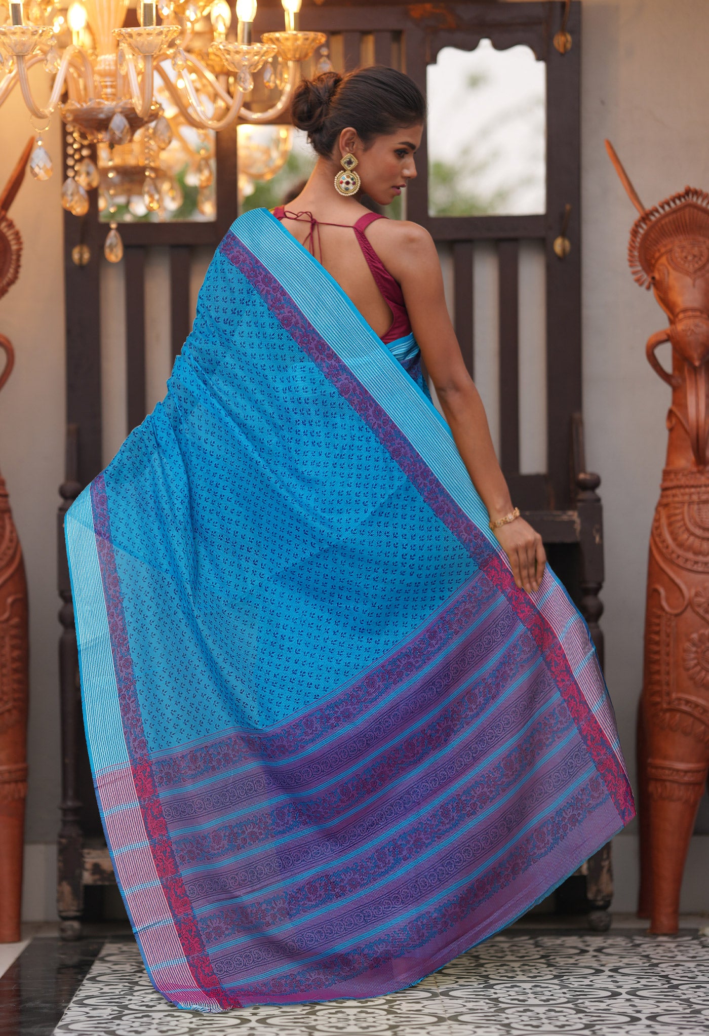 Blue Pure Hand Block Printed Mangalgiri Cotton Saree-UNM81293