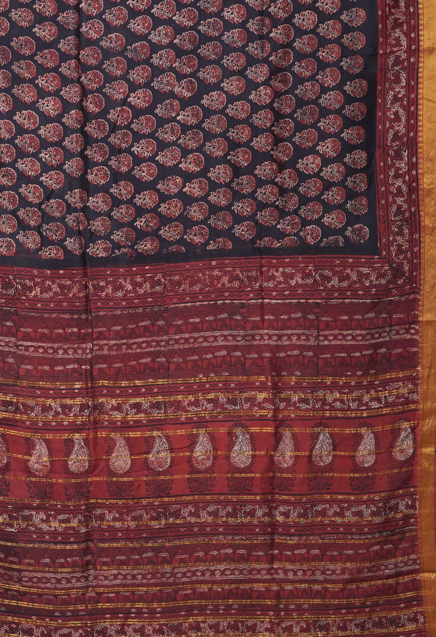 Black-Maroon Pure Ajrakh Printed Soft Silk Saree-UNM82297