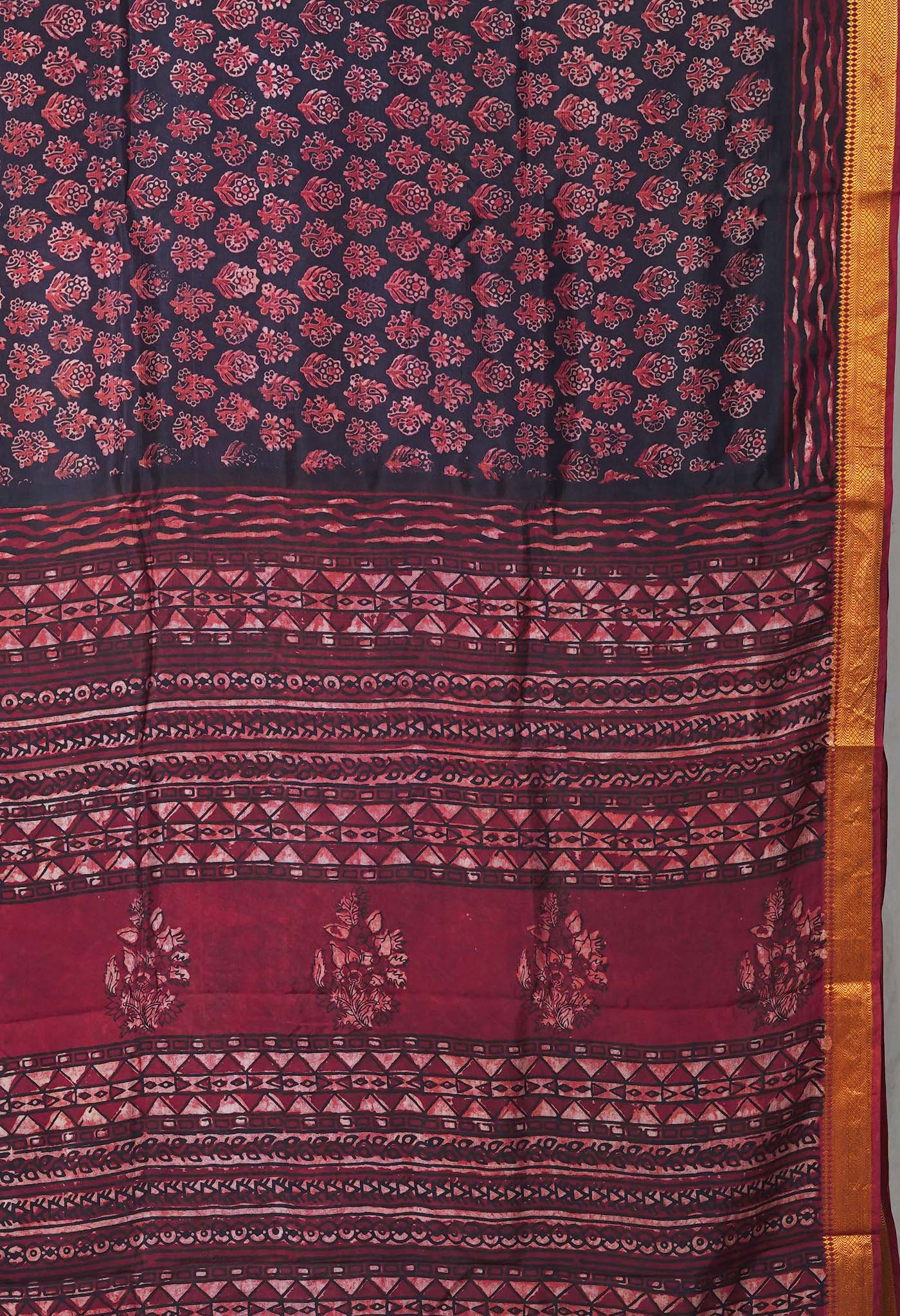 Black-Maroon Pure Ajrakh Printed Soft Silk Saree-UNM82300