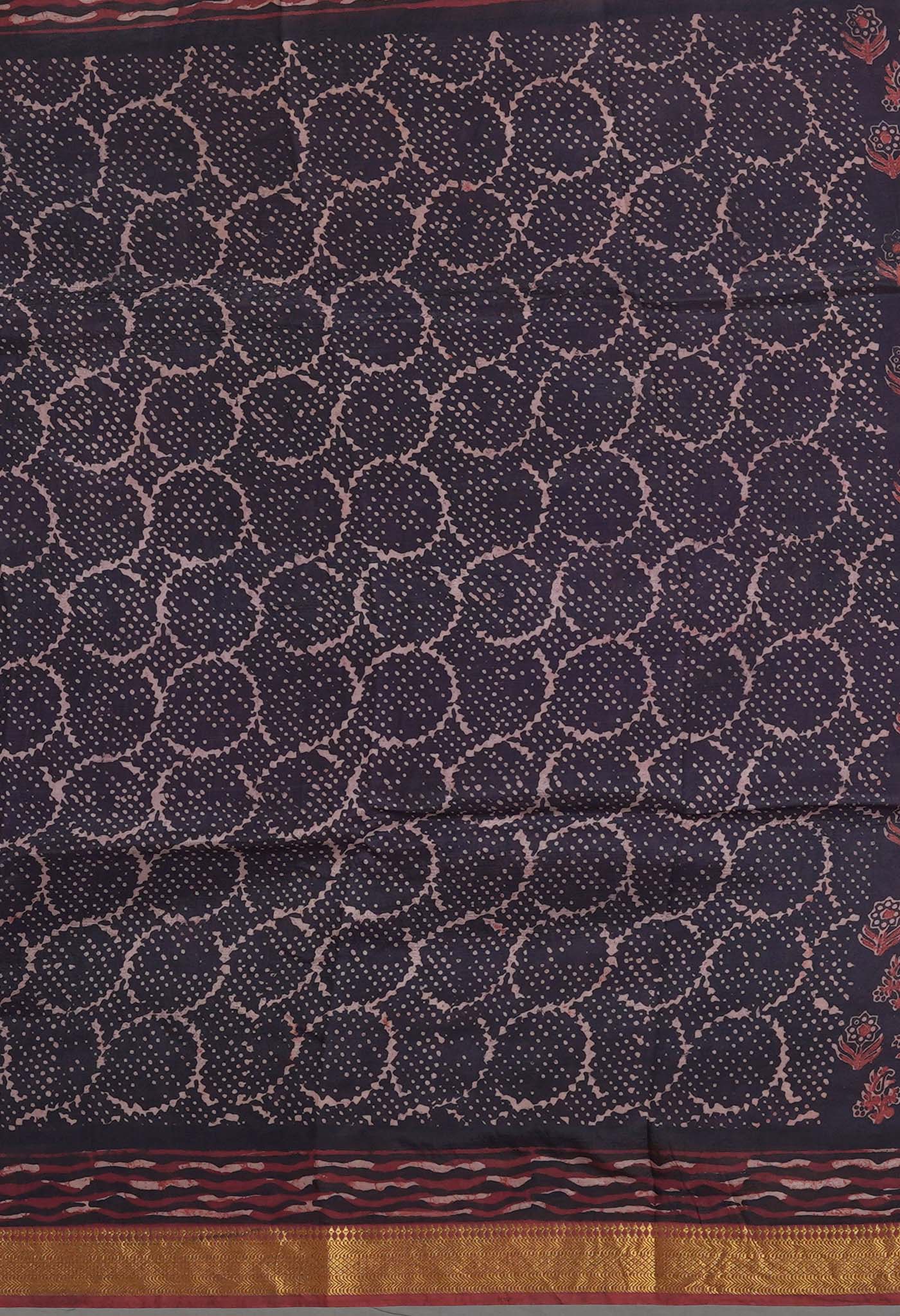 Black-Maroon Pure Ajrakh Printed Soft Silk Saree-UNM82300