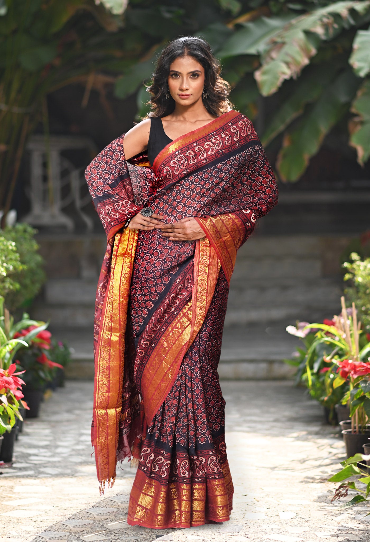 Black-Maroon Pure Ajrakh Printed Soft Silk Saree-UNM82306