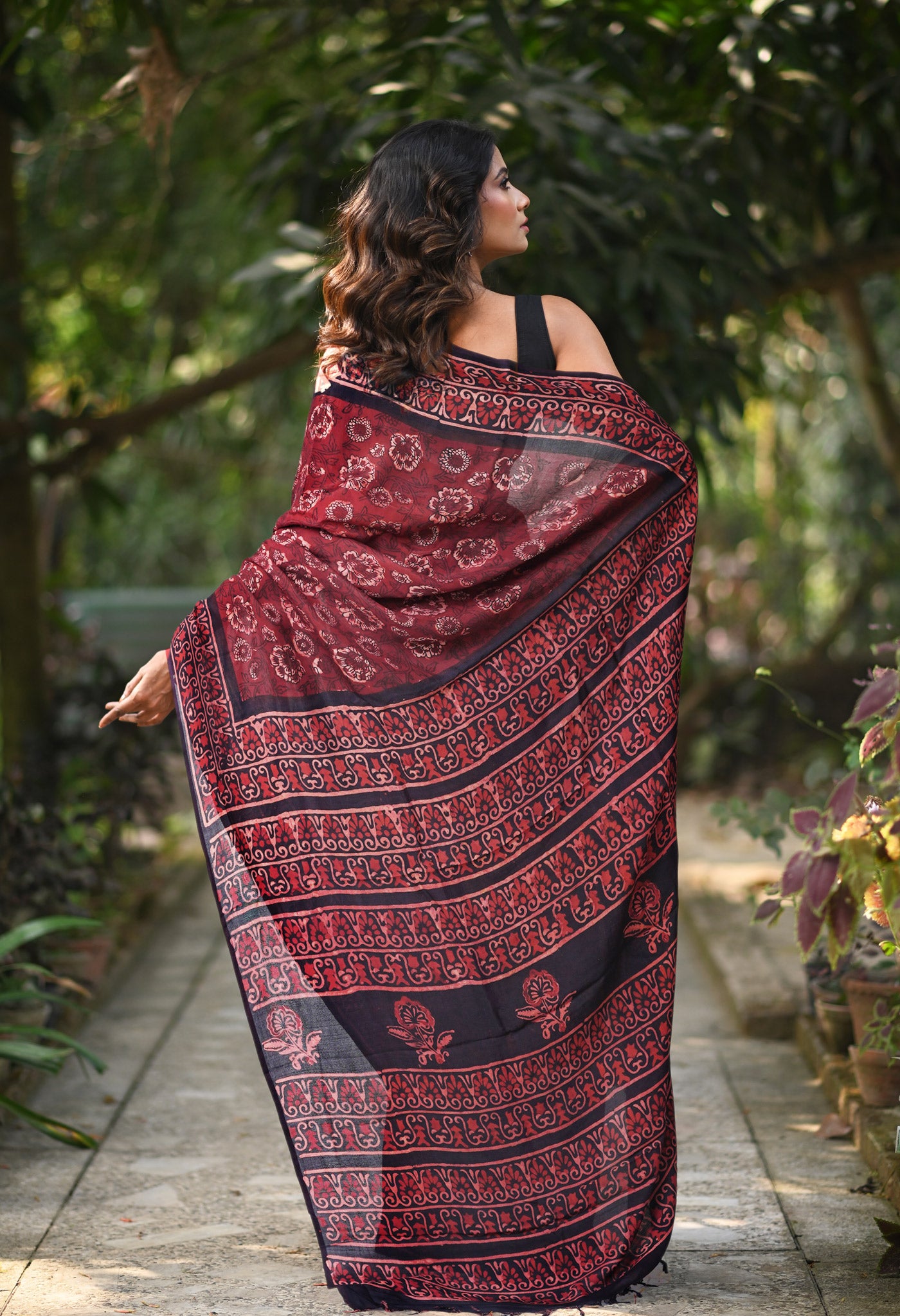Maroon-Black Pure Ajrakh Printed Soft Silk Saree-UNM82310