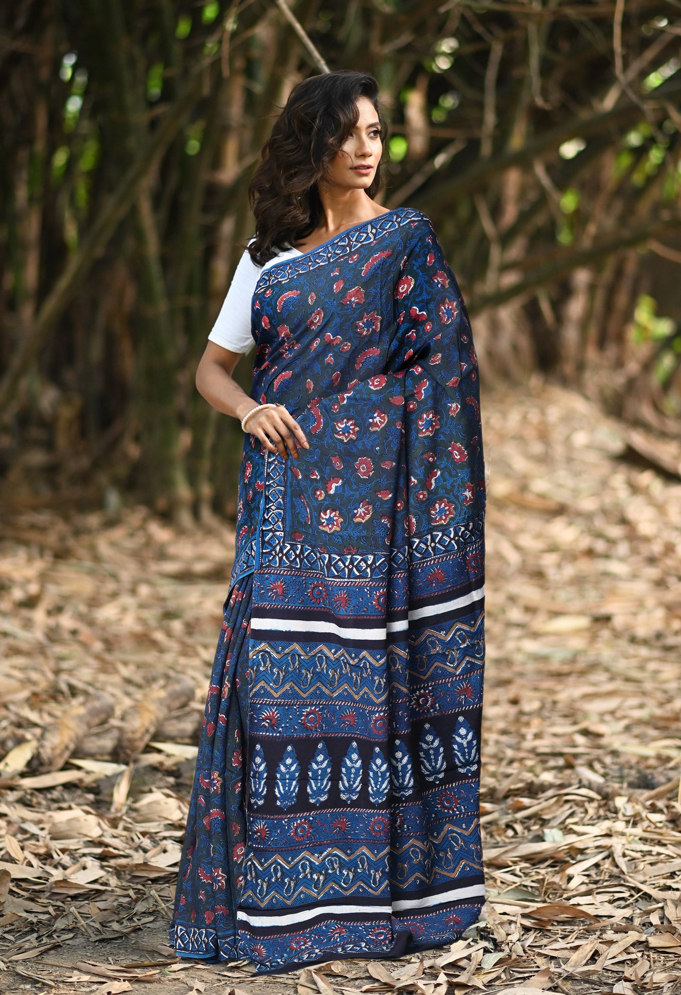 Dark Green-Blue Pure Ajrakh Printed Cotton Saree-UNM82317