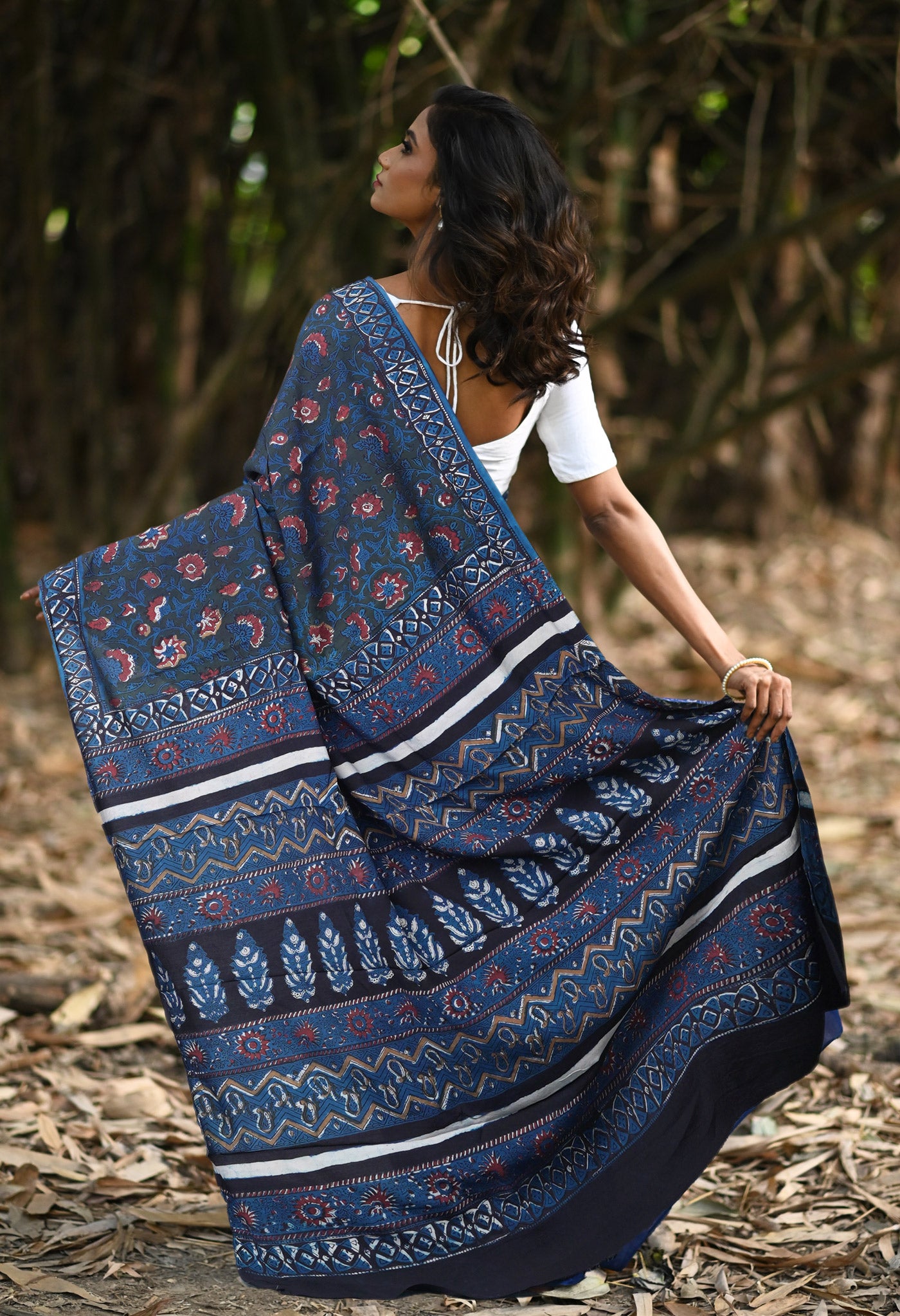 Dark Green-Blue Pure Ajrakh Printed Cotton Saree-UNM82317