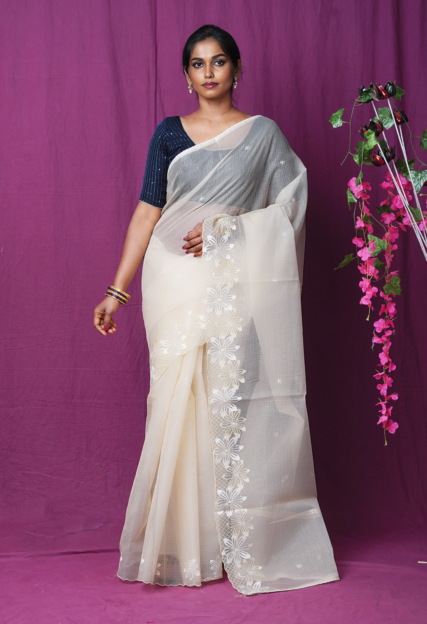 Cream Pure Emboridery Kota Saree-UNM82476