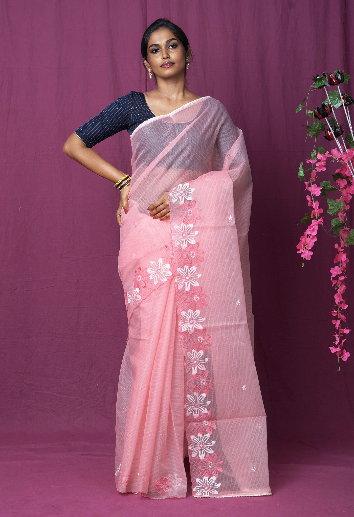 Peach Pink Pure Emboridery Kota Saree-UNM82478