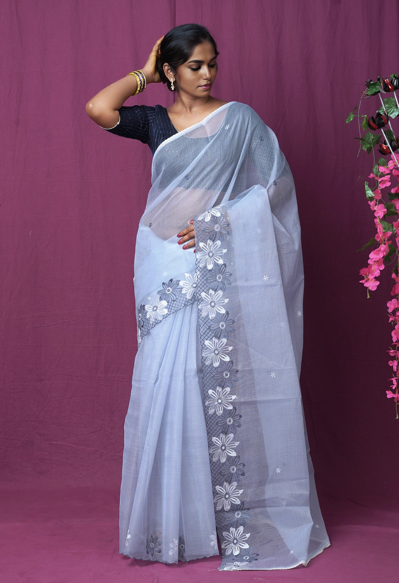 Grey Pure Emboridery Kota Saree-UNM82479