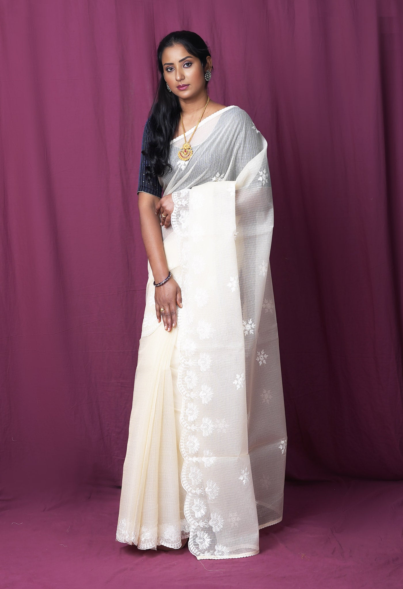 Cream Pure Emboridery Kota Saree-UNM82486