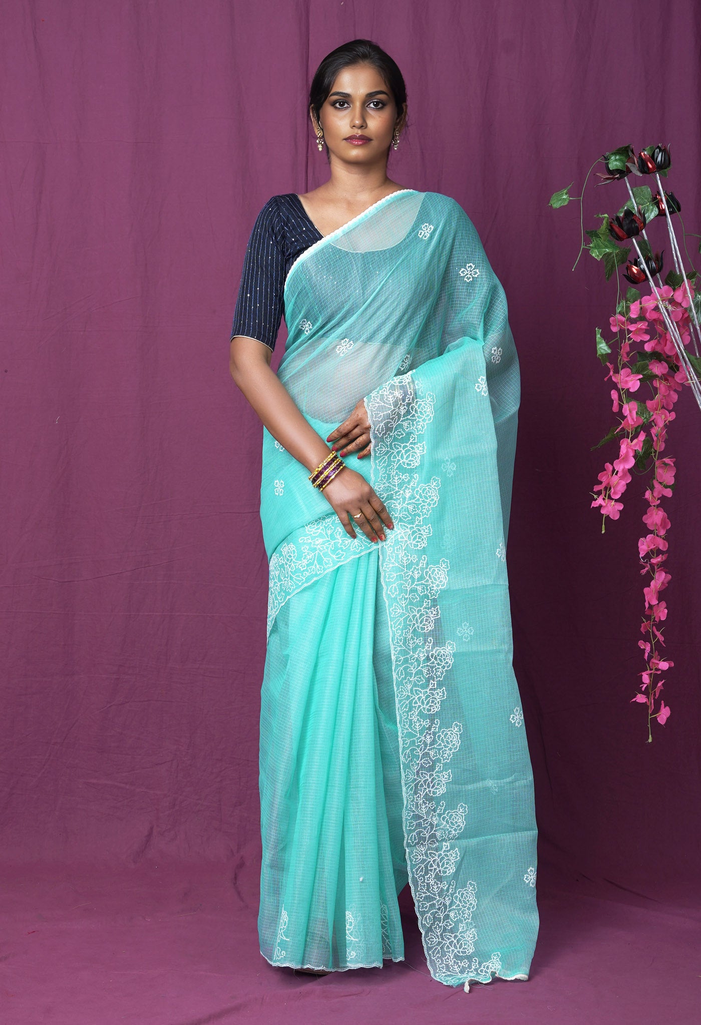 Turquoise Green Pure Emboridery Kota Saree-UNM82497