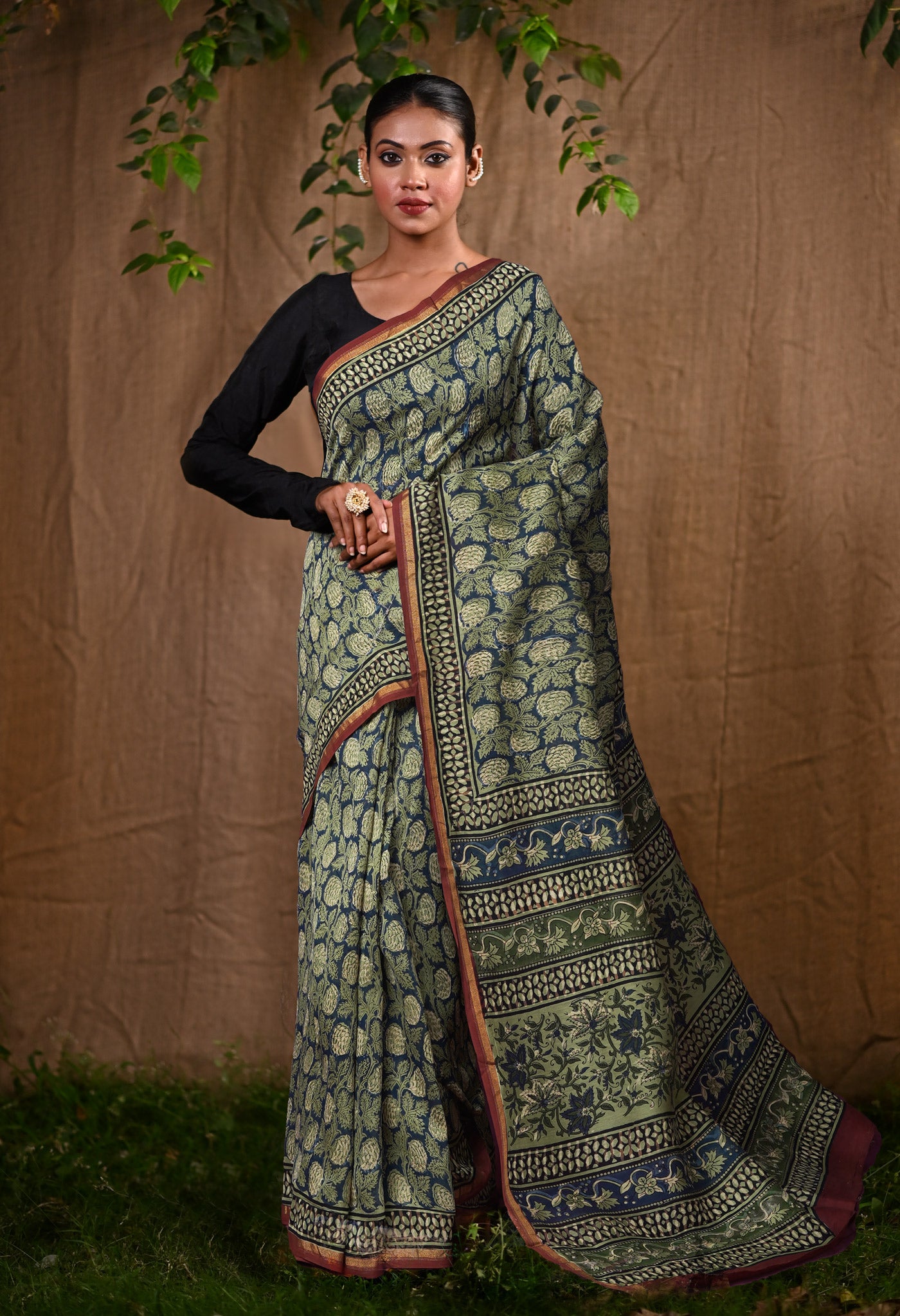 Blue Pure Bagru Kalamkari Printed Chanderi Sico Saree-UNM82638