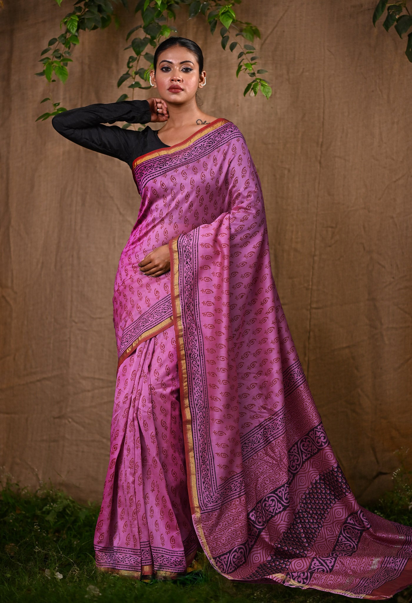 Pink Pure Bagru Kalamkari Printed Chanderi Sico Saree-UNM82640