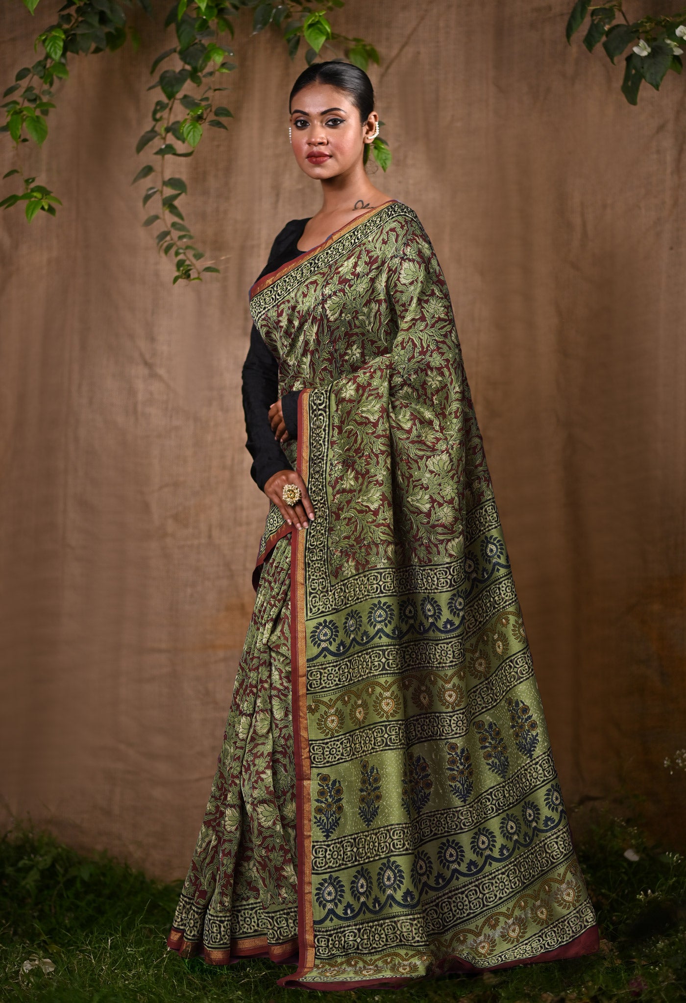 Red Pure Bagru Kalamkari Printed Chanderi Sico Saree-UNM82649