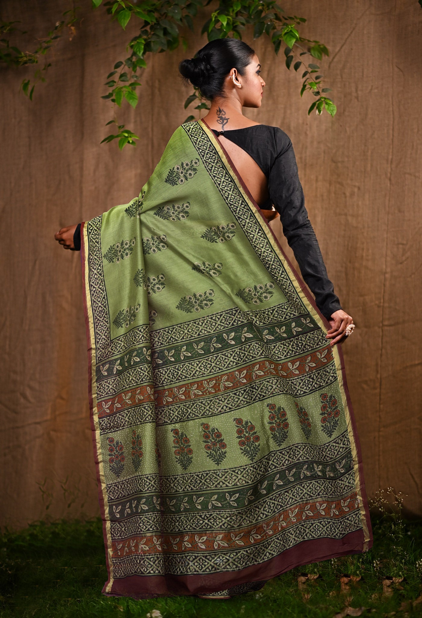Green Pure Bagru Block Printed Chanderi Sico Saree-UNM82686