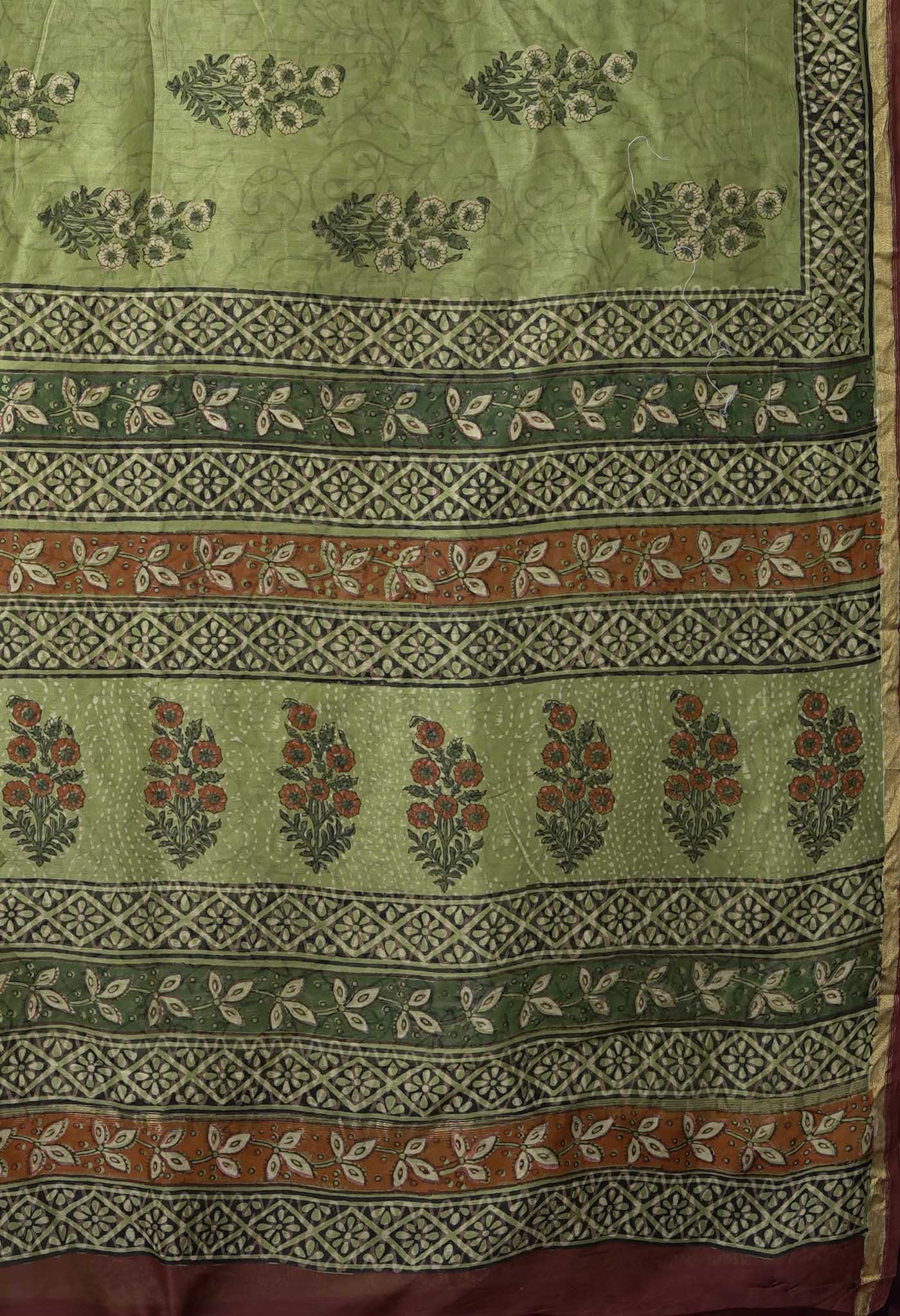 Green Pure Bagru Block Printed Chanderi Sico Saree-UNM82686