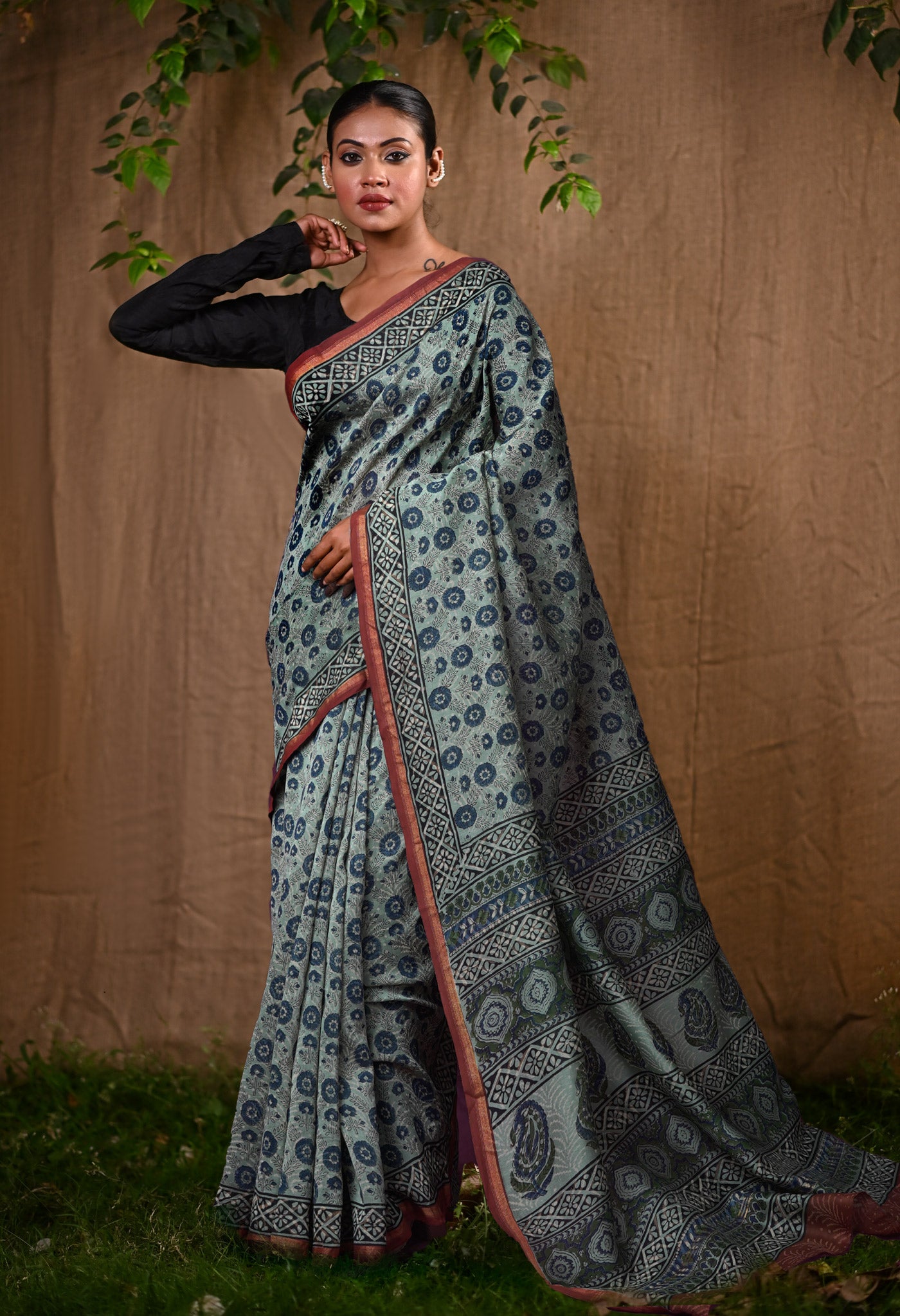 Pale Blue Pure Bagru Block Printed Chanderi Sico Saree-UNM82687