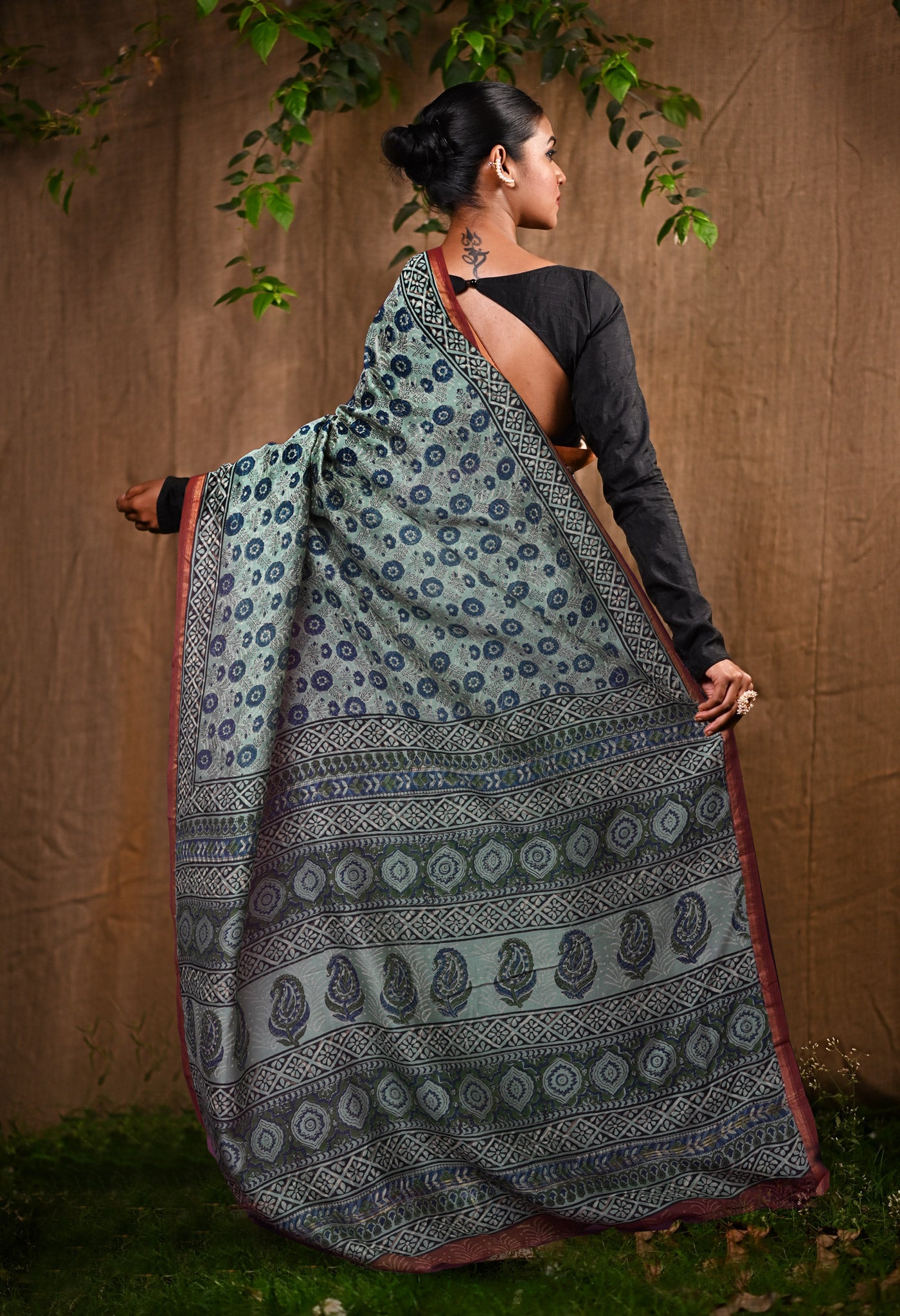Pale Blue Pure Bagru Block Printed Chanderi Sico Saree-UNM82687
