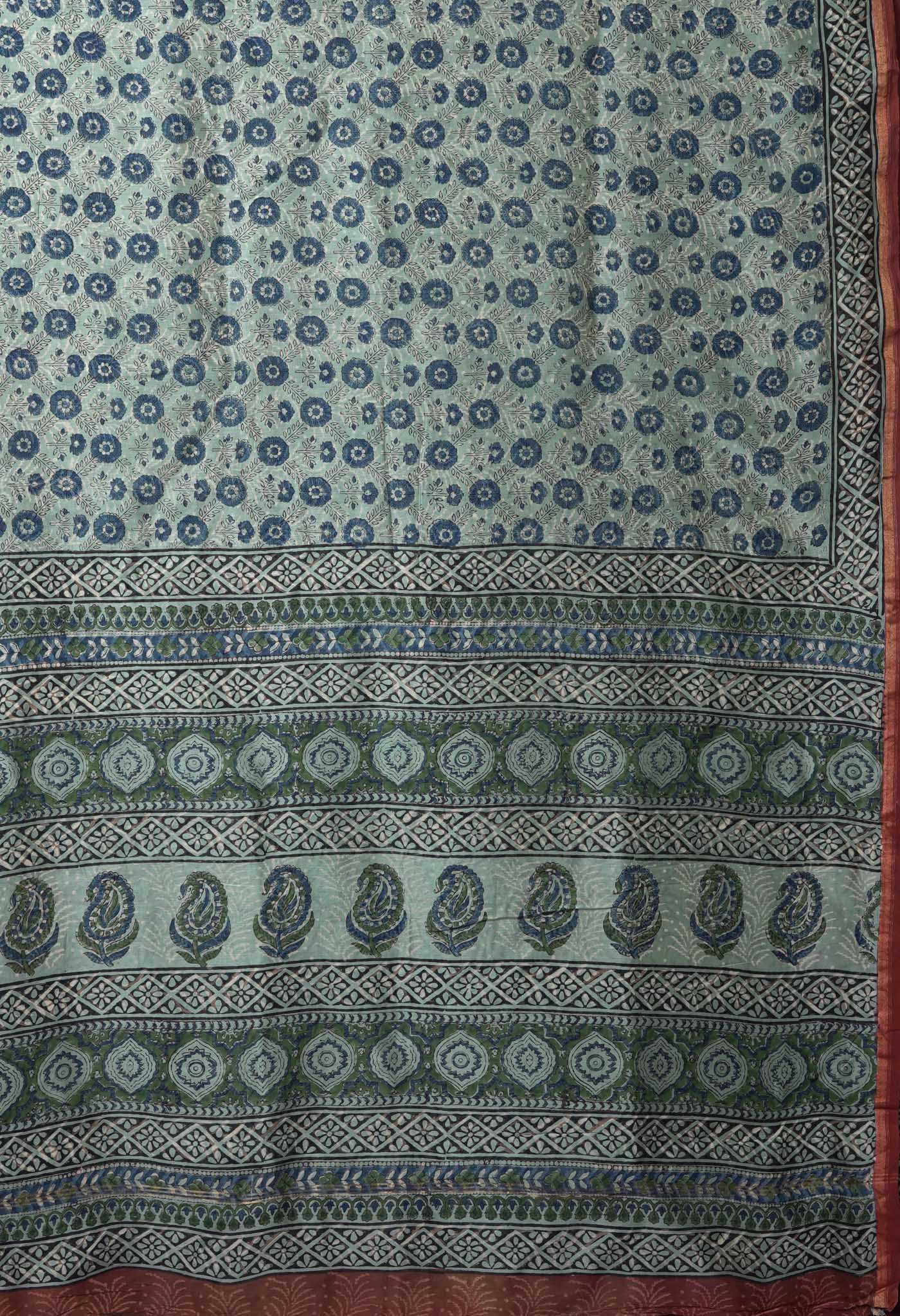 Pale Blue Pure Bagru Block Printed Chanderi Sico Saree-UNM82687