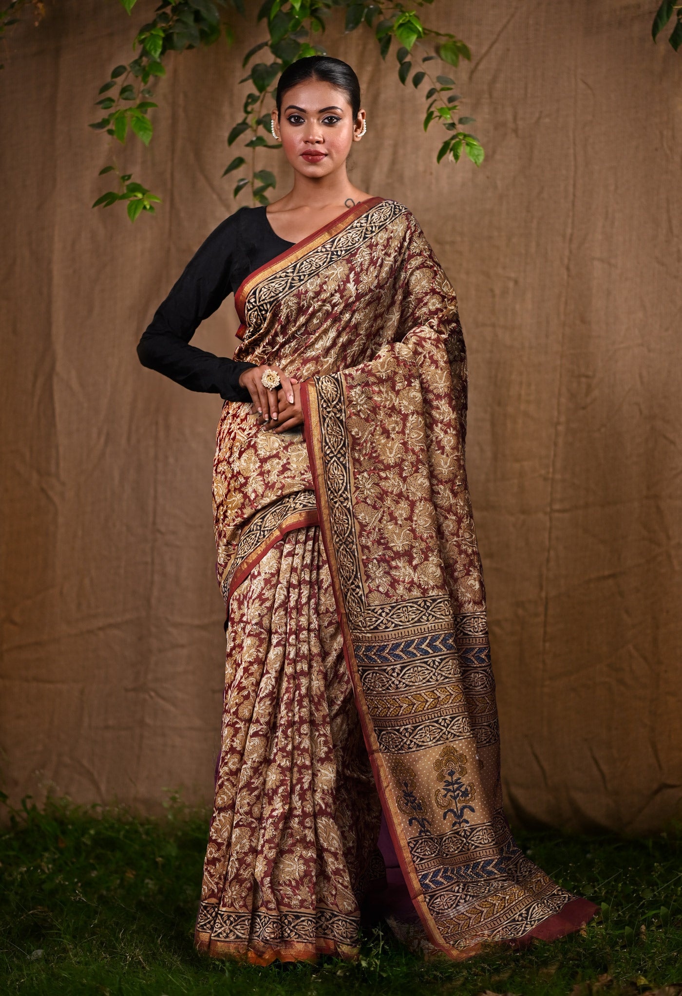 Maroon Pure Bagru Block Printed Chanderi Sico Saree-UNM82710
