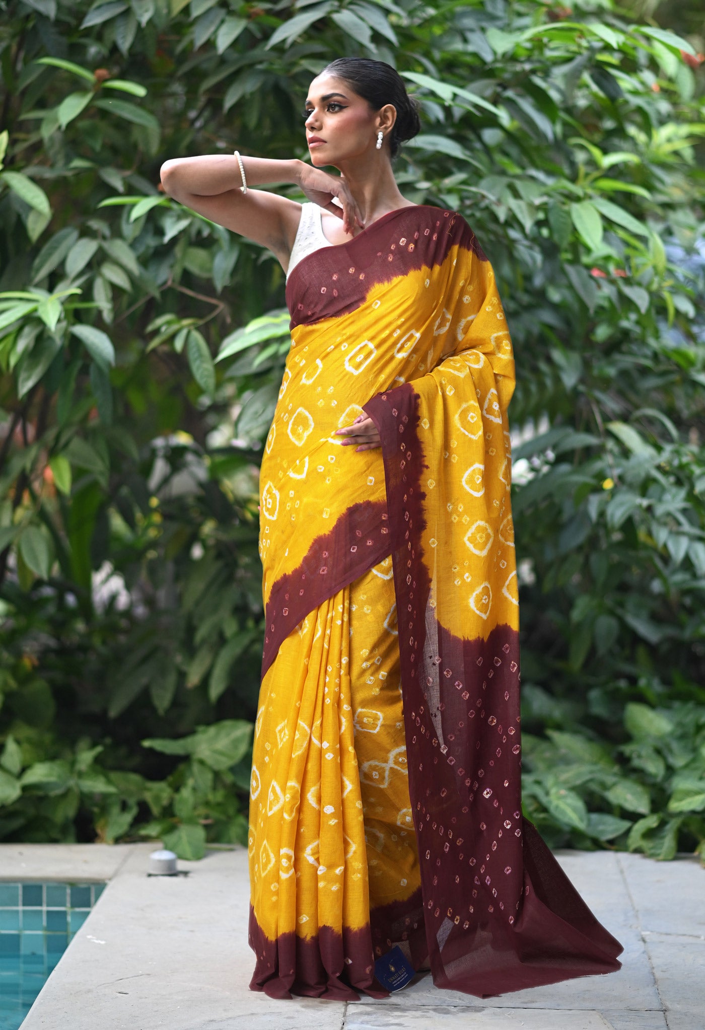 Yellow-Dark Brown Pure Bandhani Tie & Dye Soft Mulmul Cotton Saree-UNM82875