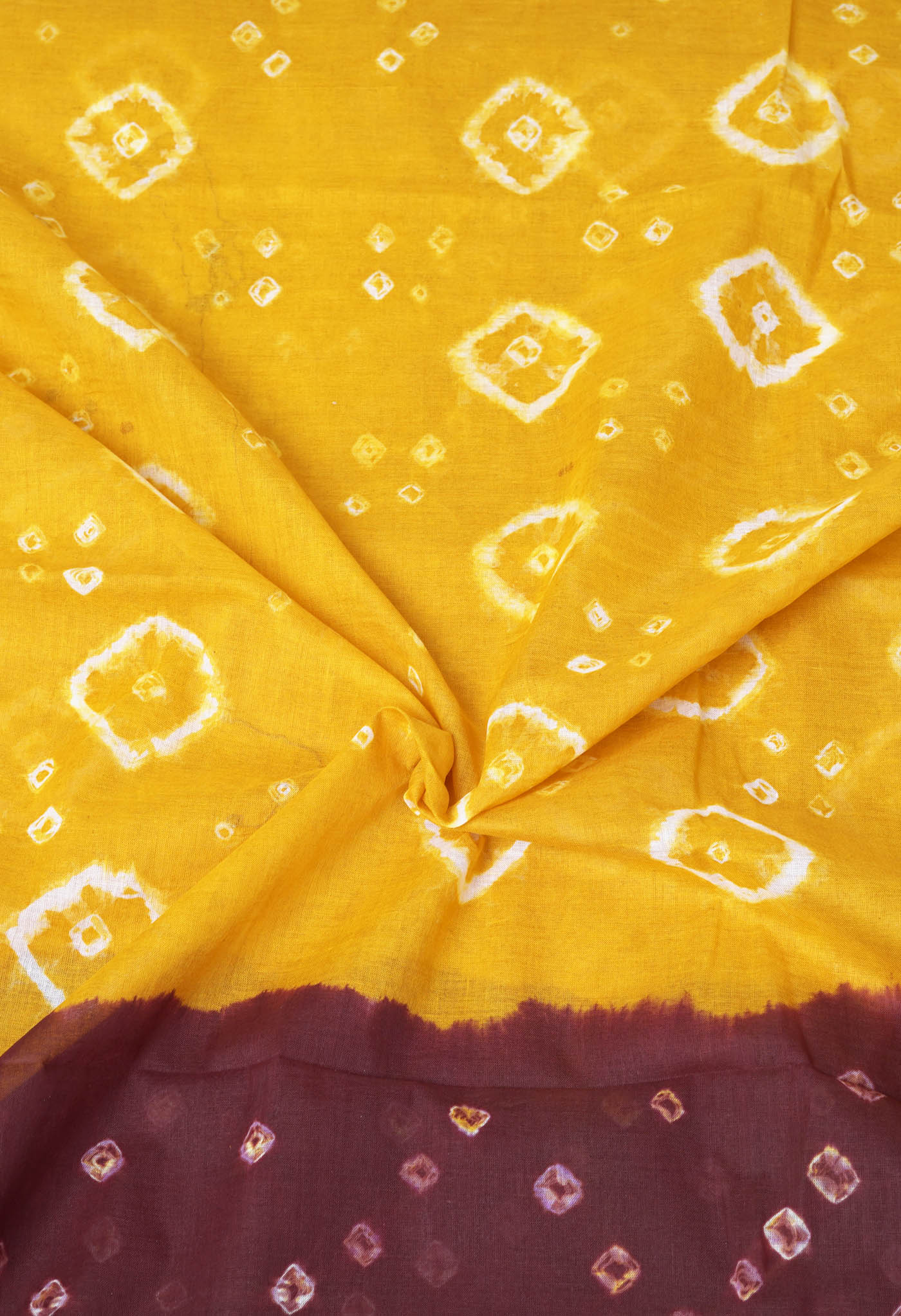 Yellow-Dark Brown Pure Bandhani Tie & Dye Soft Mulmul Cotton Saree-UNM82875