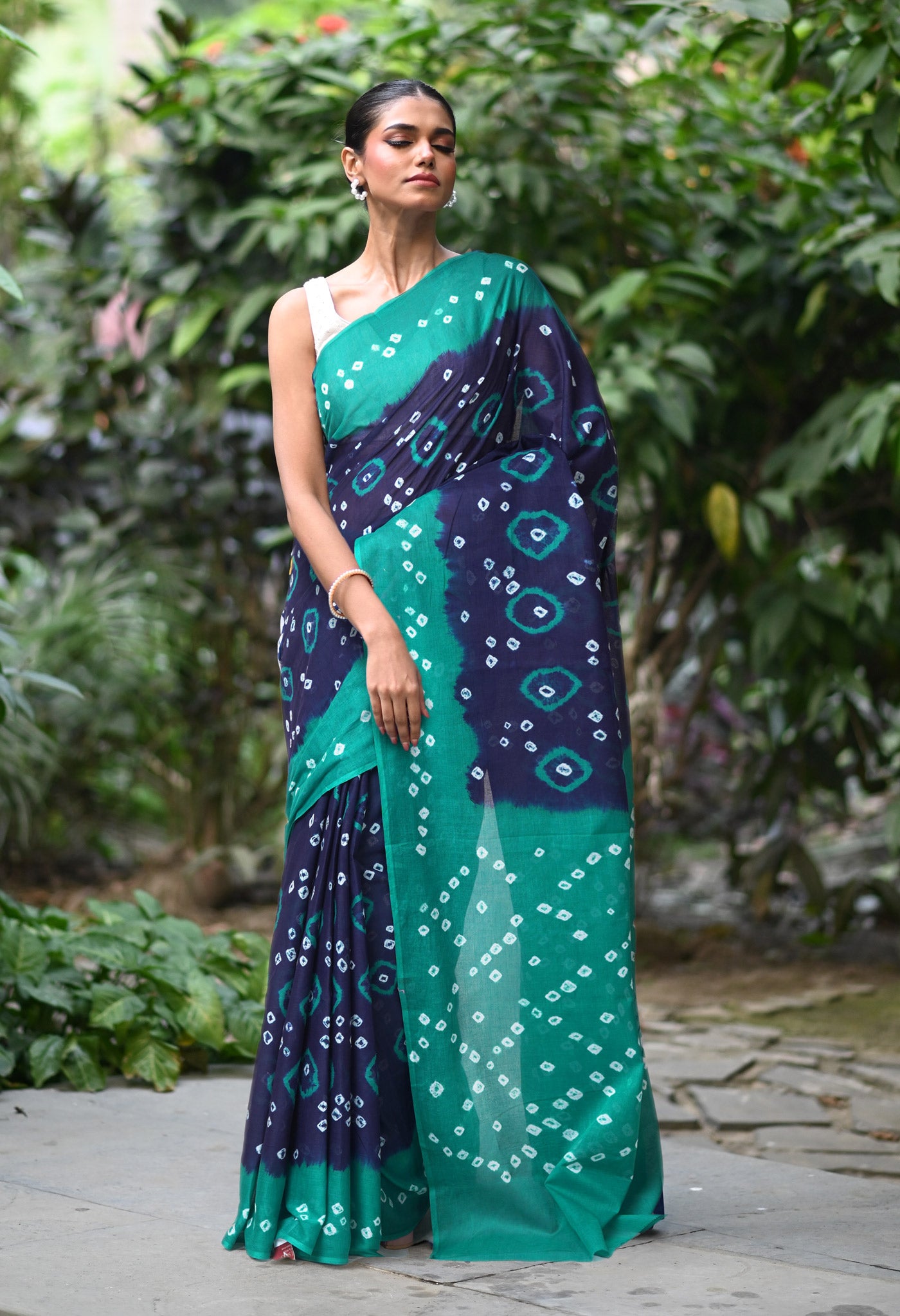 Navy Blue-Turquoise Blue Pure Bandhani Tie & Dye Soft Mulmul Cotton Saree-UNM82876