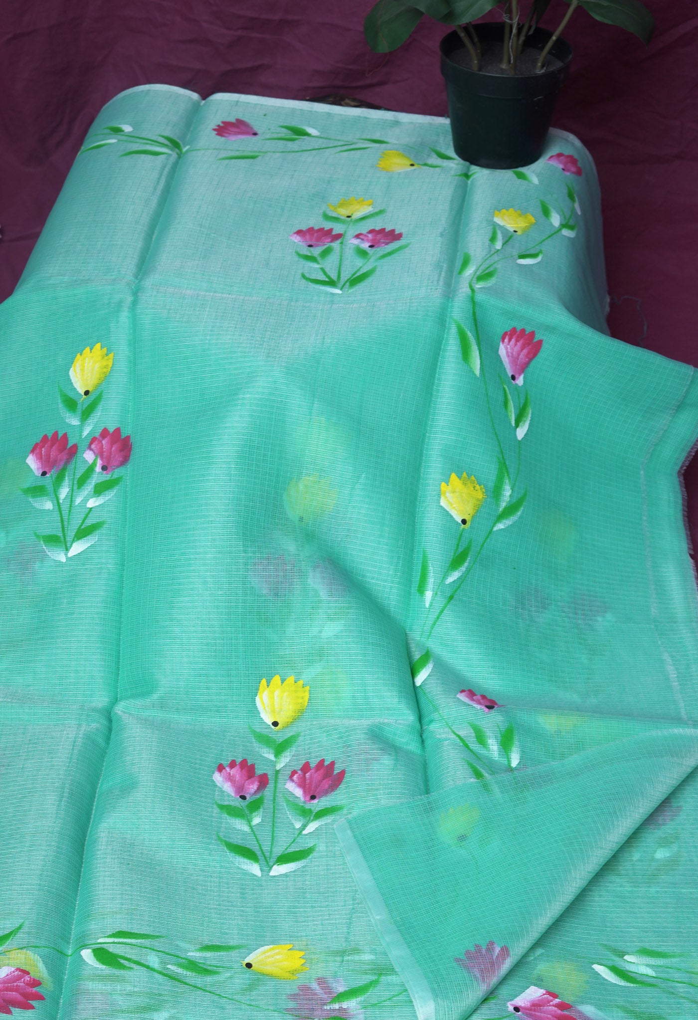 Turquoise Blue Pure Hand Painted Doria Kota Saree-UNM83043