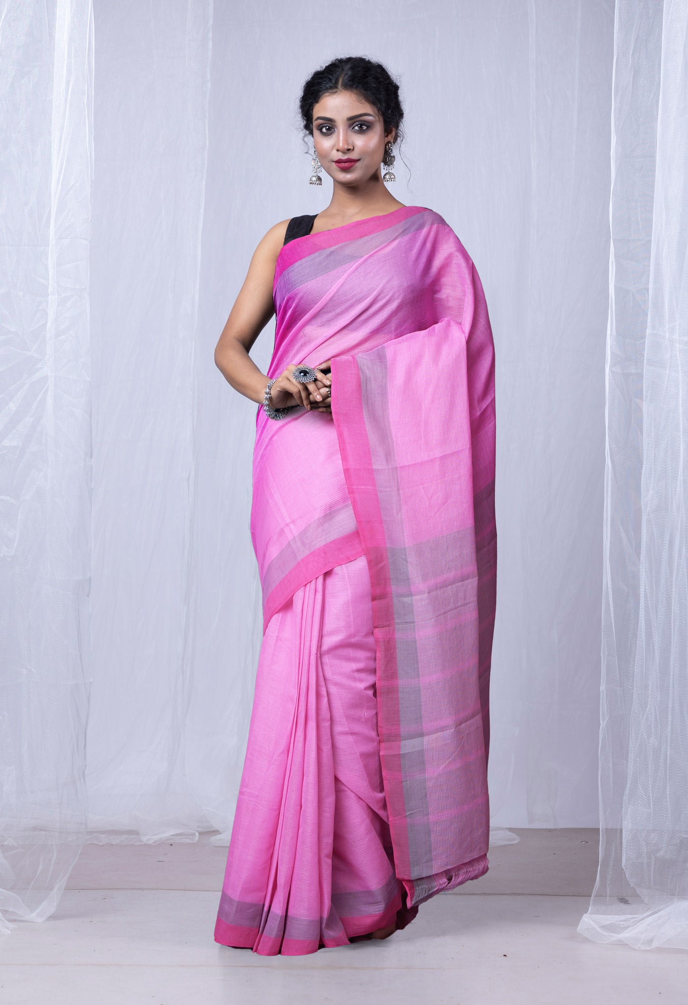 Pink-Grey Pure Plain Pavani Mangalgiri Cotton Saree-UNM83125