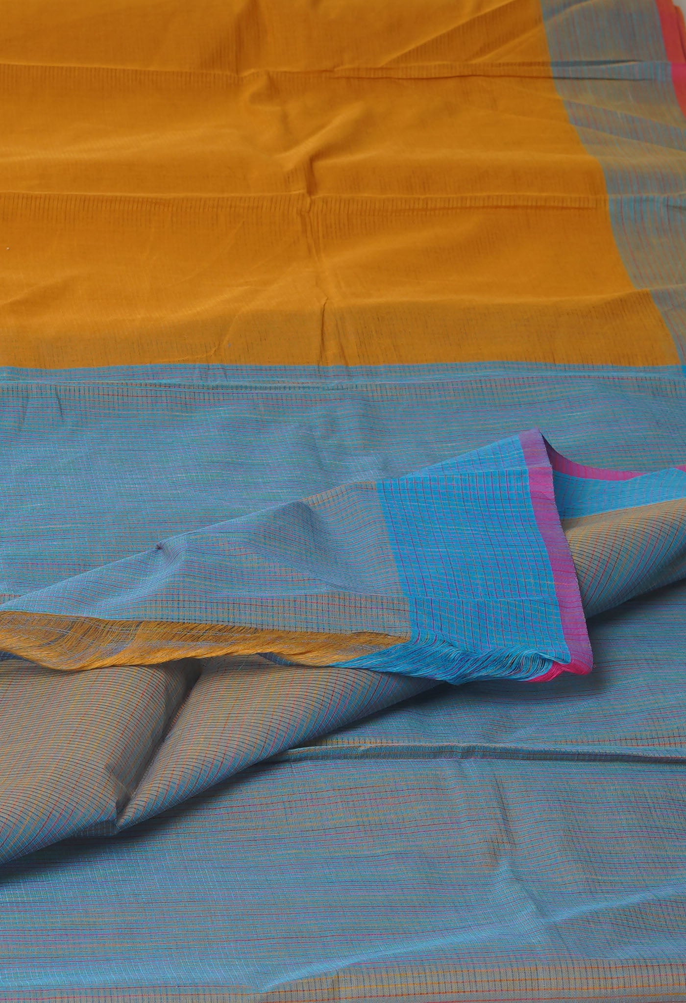 Mustard Brown-Blue Pure Plain Pavani Mangalgiri Cotton Saree-UNM83130