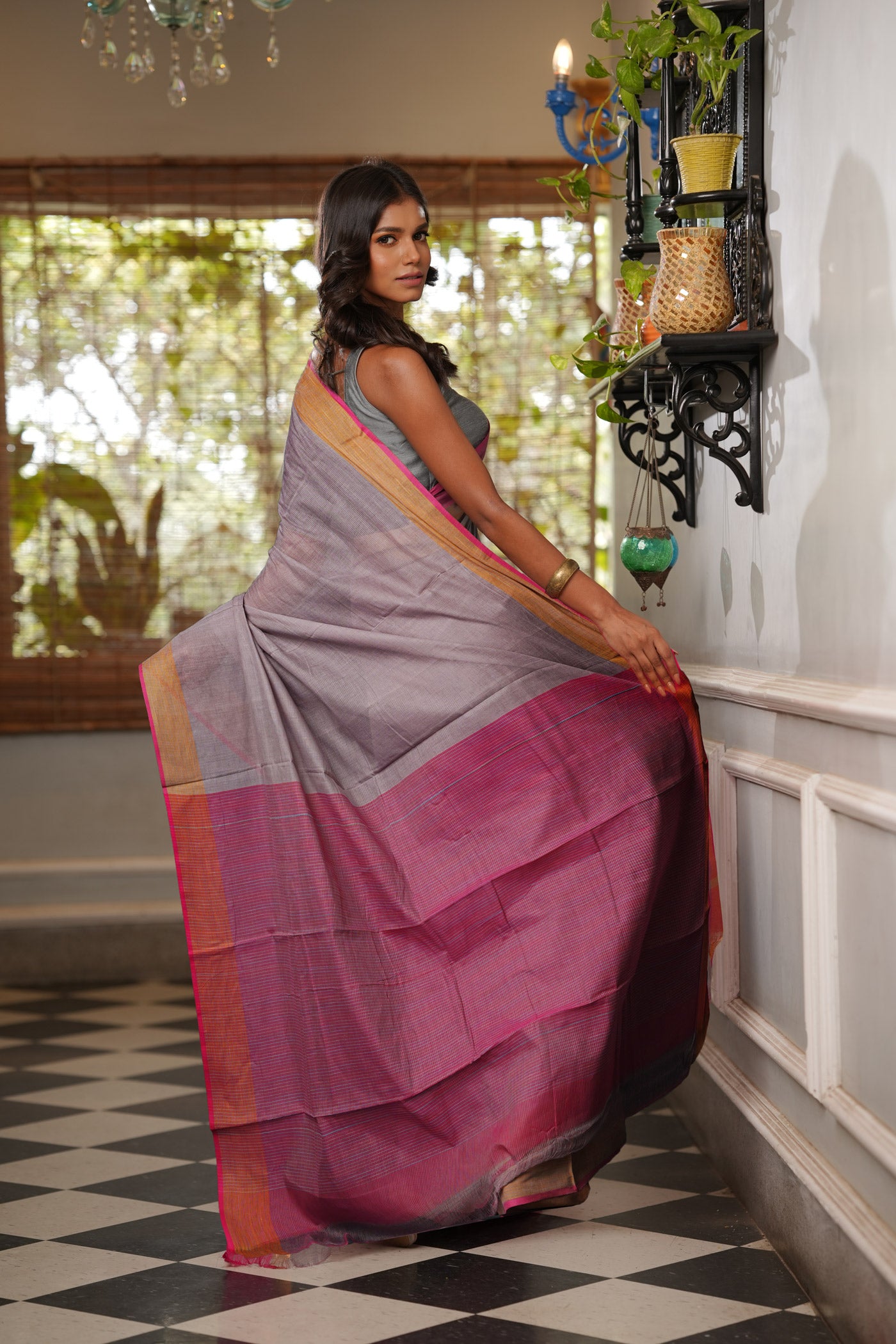 Grey-Pink Pure Plain Pavani Mangalgiri Cotton Saree-UNM83131