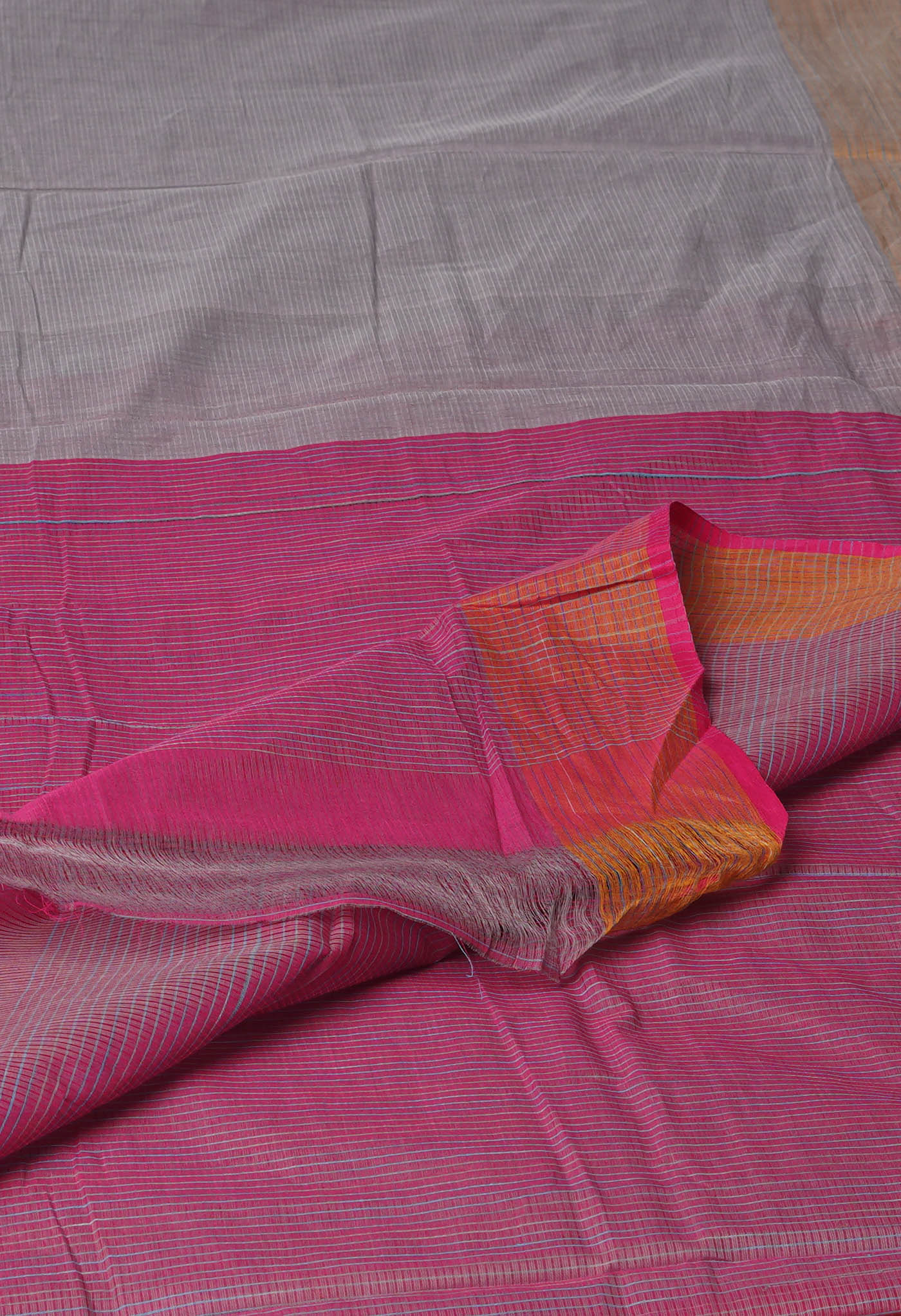 Grey-Pink Pure Plain Pavani Mangalgiri Cotton Saree-UNM83131