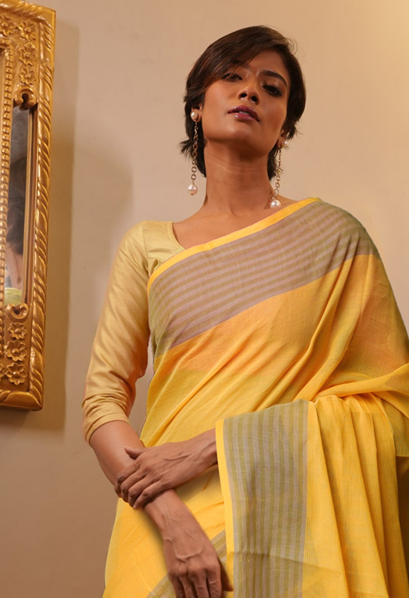Yellow Pure Plain Pavani Mangalgiri Cotton Saree-UNM83132