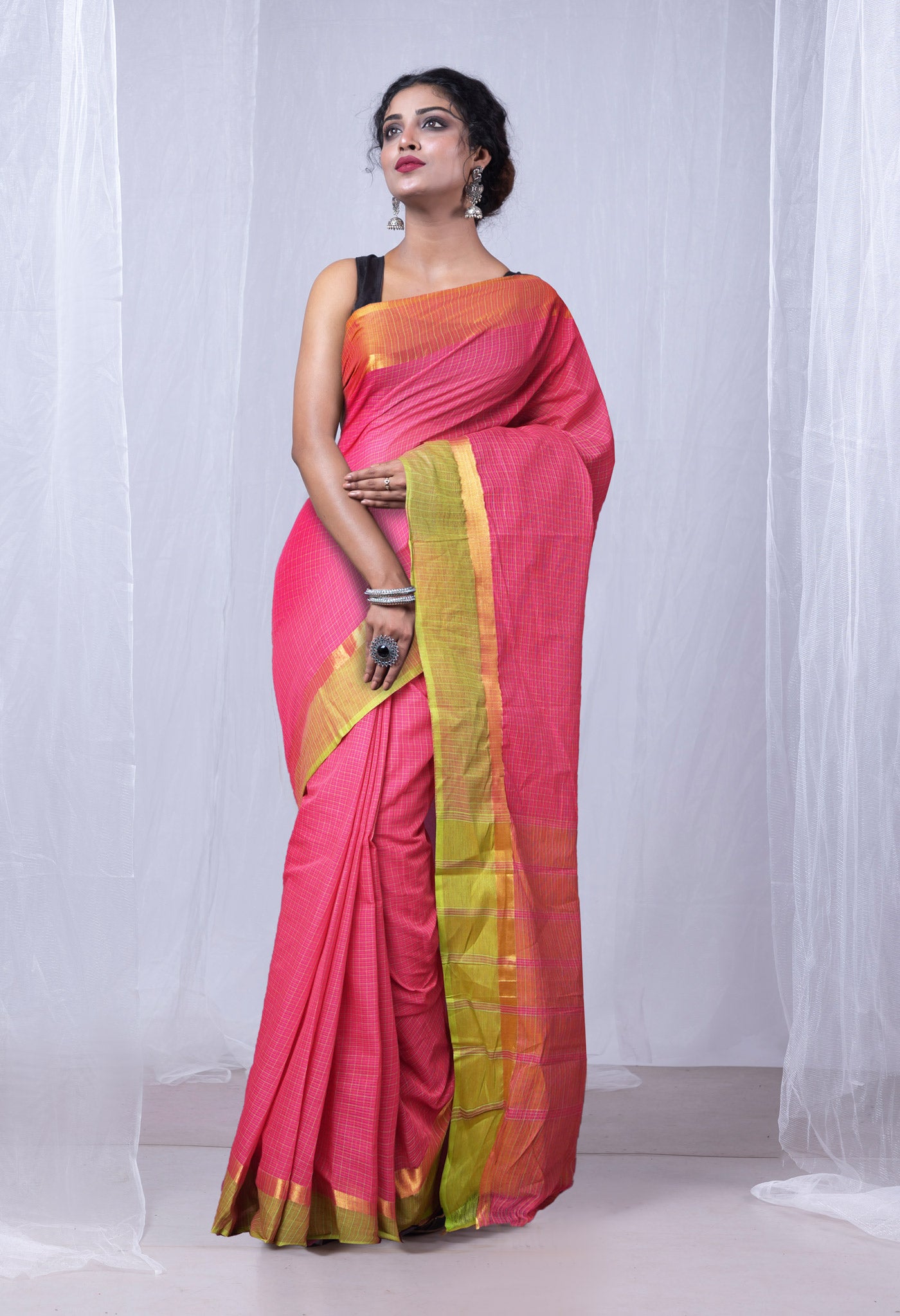 Pink-Green Pure Woven Checks Pavani Mangalgiri Cotton Saree-UNM83137