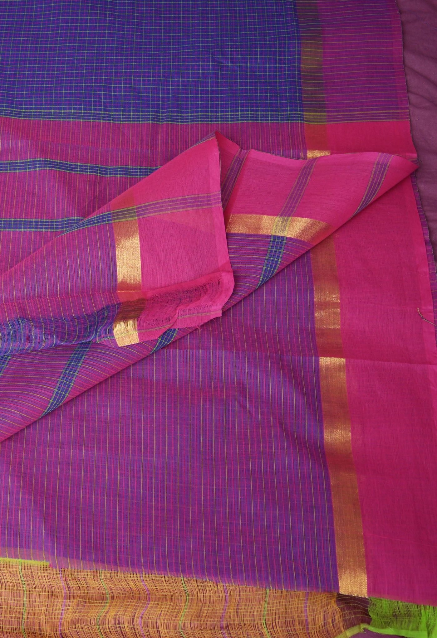 Navy Blue-Pink Pure Woven Checks Pavani Mangalgiri Cotton Saree-UNM83139
