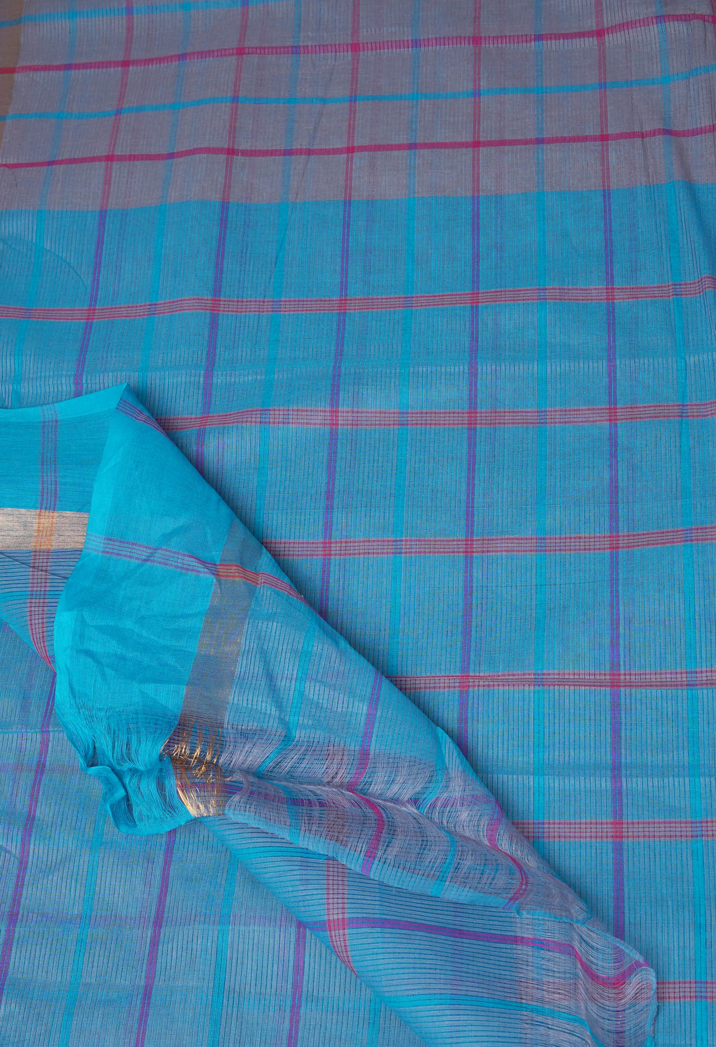 Grey-Blue Pure Woven Checks Pavani Mangalgiri Cotton Saree-UNM83145