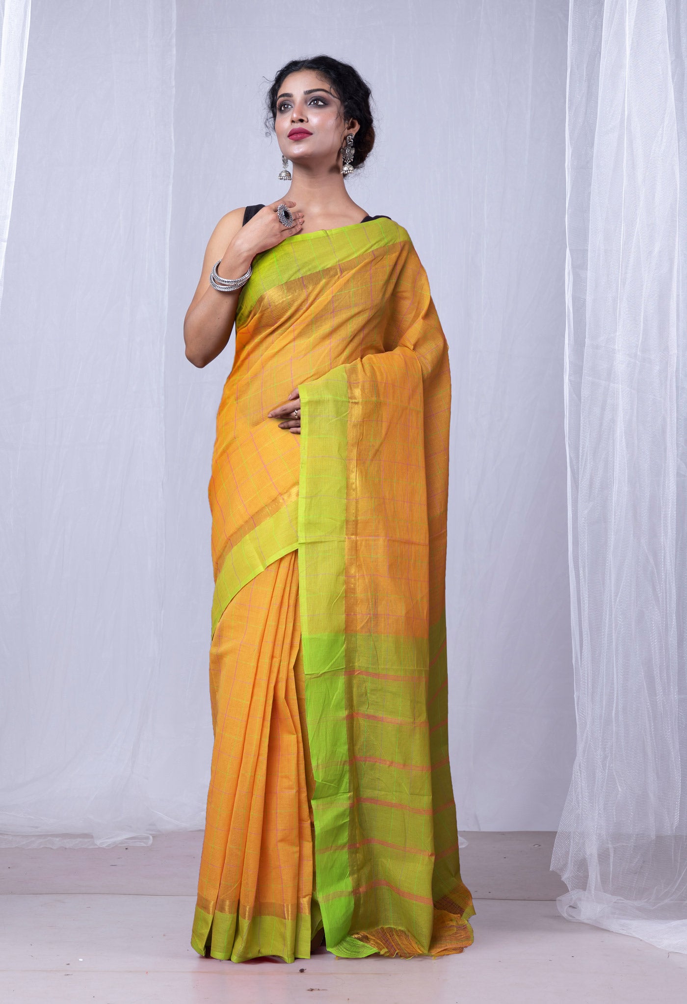 Orange-Green Pure Woven Checks Pavani Mangalgiri Cotton Saree-UNM83146